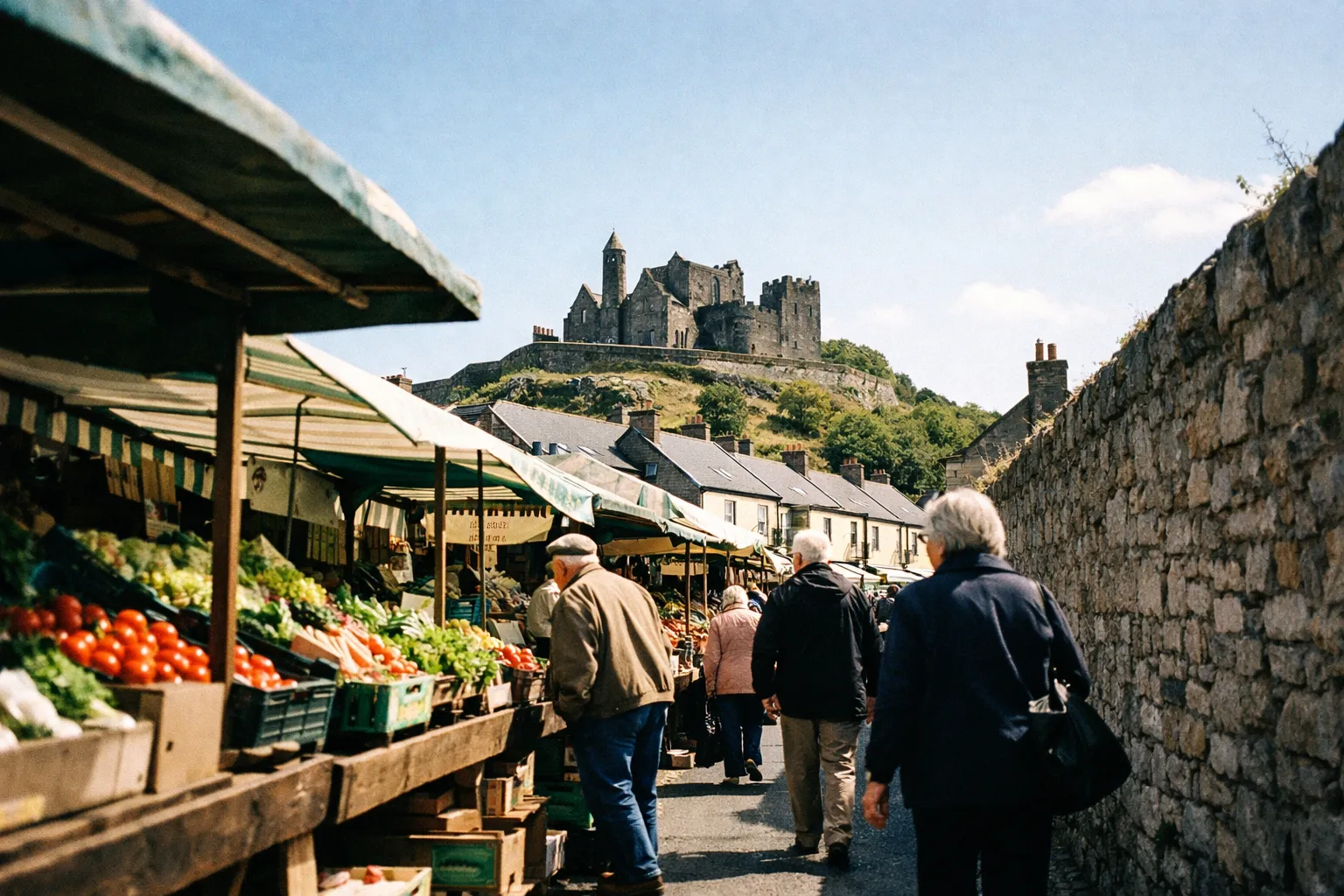 People browse a street market with the hilltop ruins rising in the background.