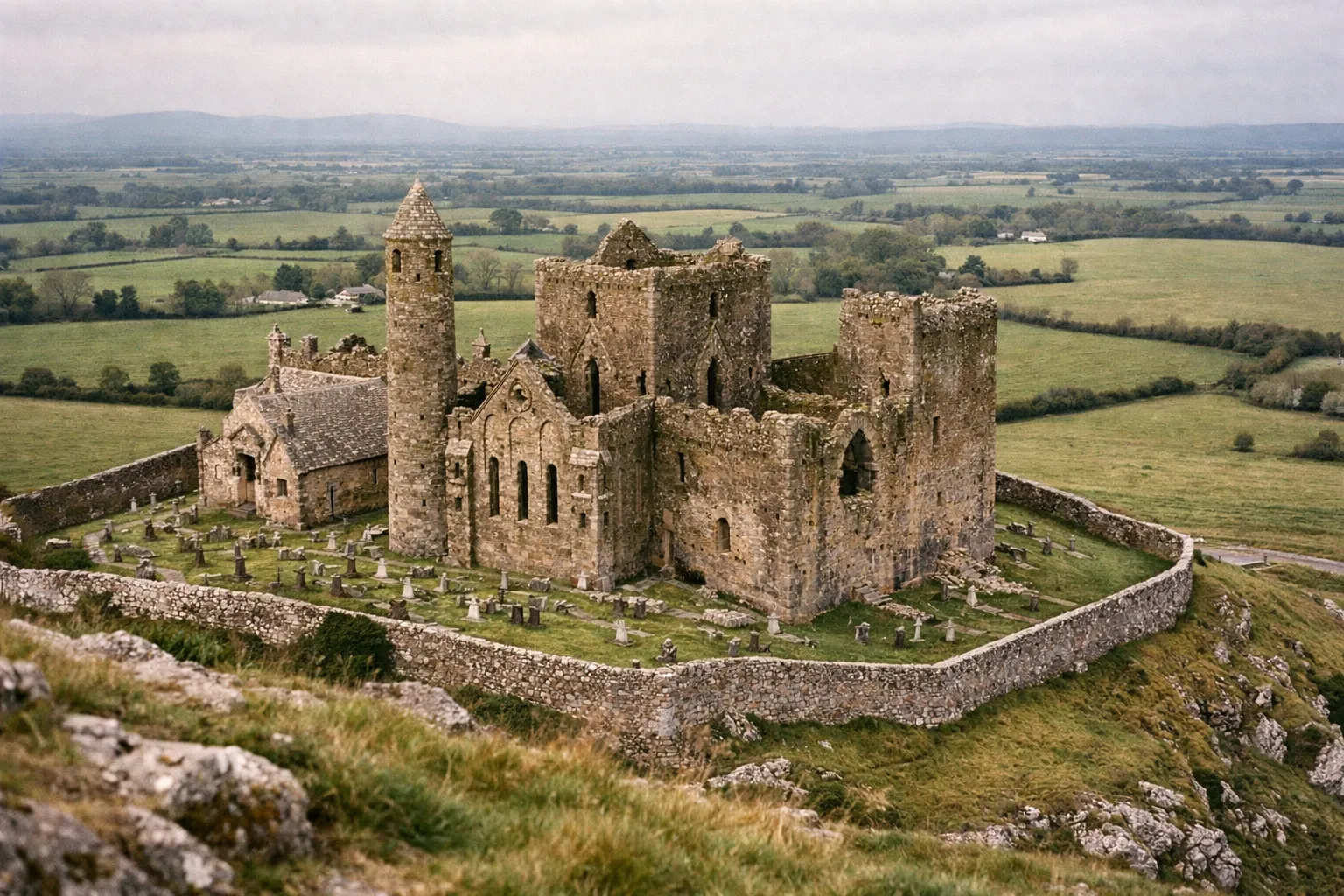 The hilltop ruins sit atop a green hill surrounded by countryside and gravestones.