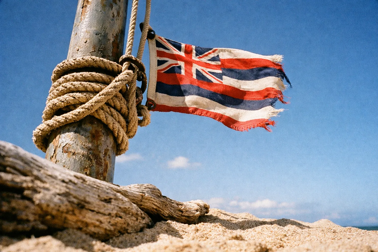 The Hawaii state flag waves from a weathered pole on a sandy beach under a clear blue sky.