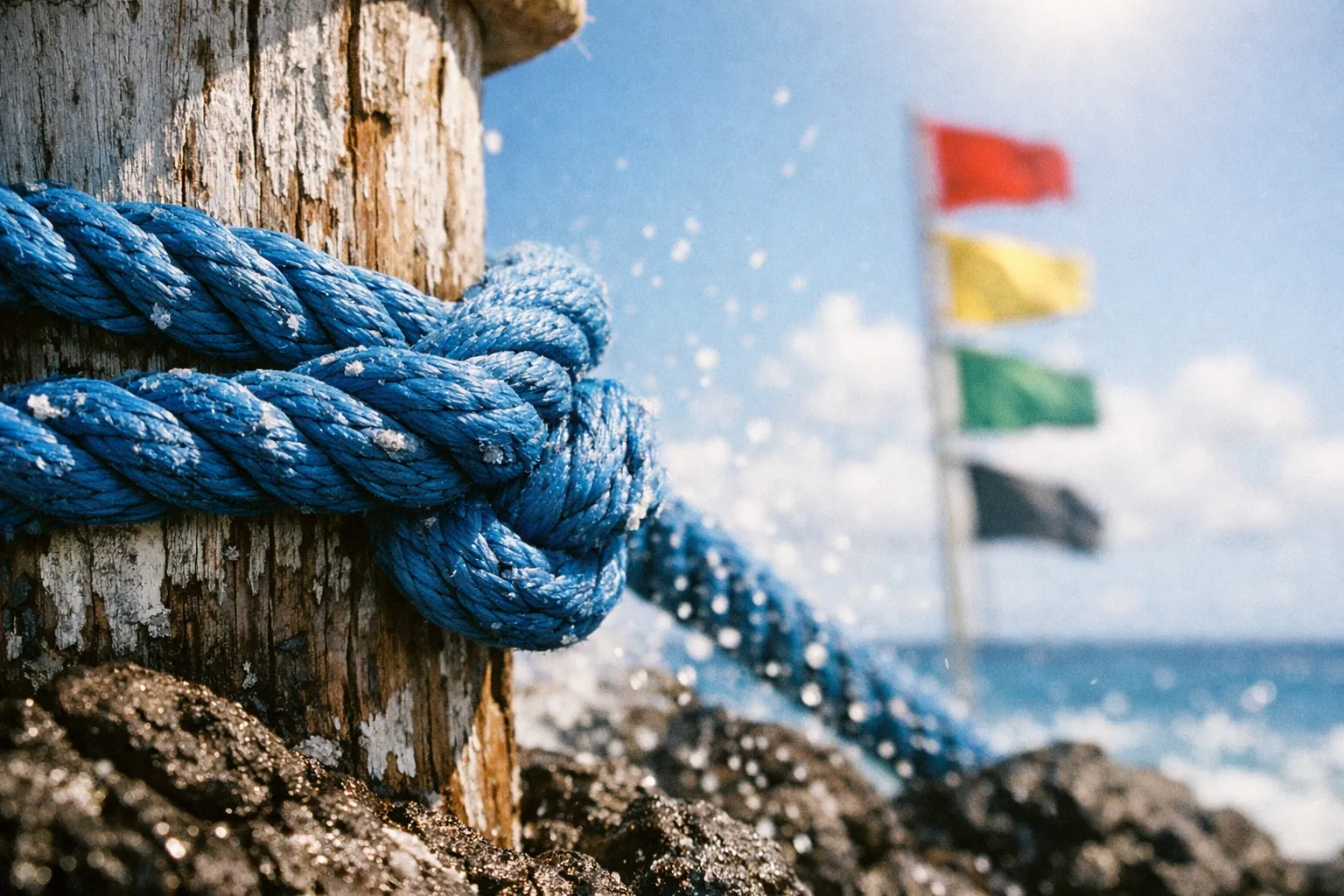 A thick blue rope tied to a weathered wooden post with warning flags on a beach in the background.