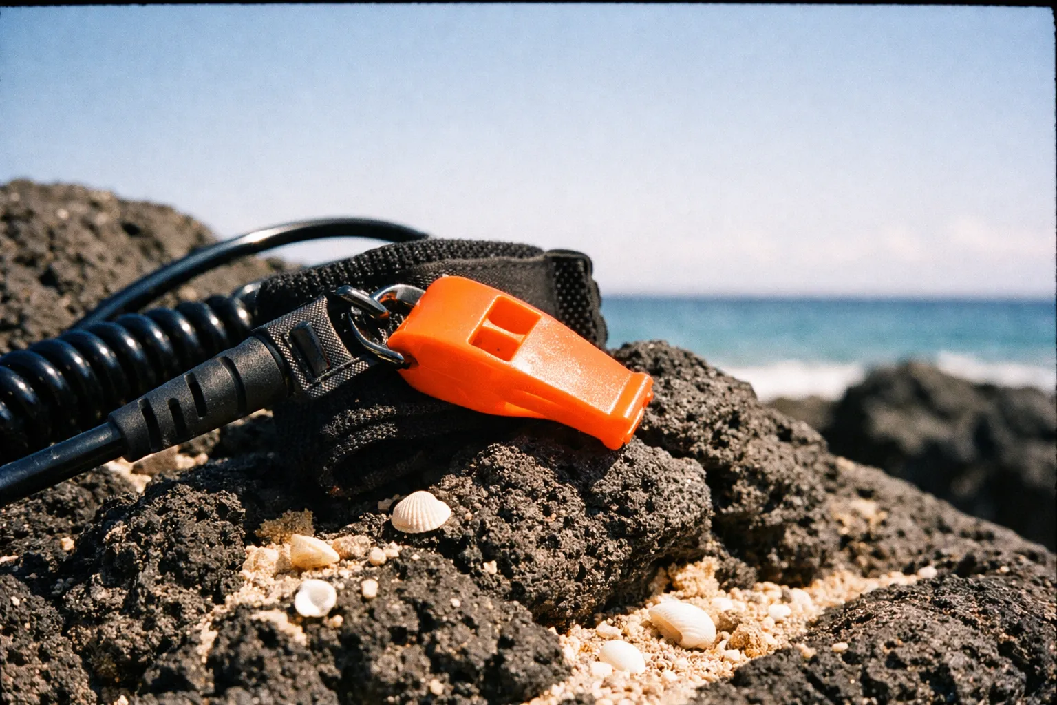 An orange safety whistle and coiled leash rest on volcanic rocks by the ocean shoreline.
