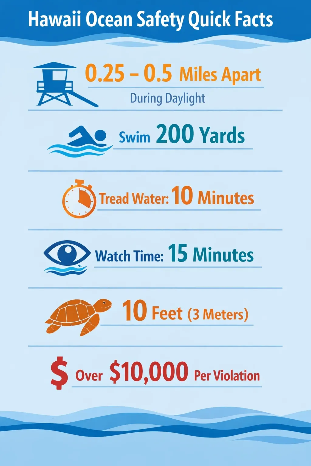 Lifeguard towers spaced 0.25-0.5 miles apart, swim 200 yards, stay 10 feet from turtles, penalties exceed 10,000 dollars per violation