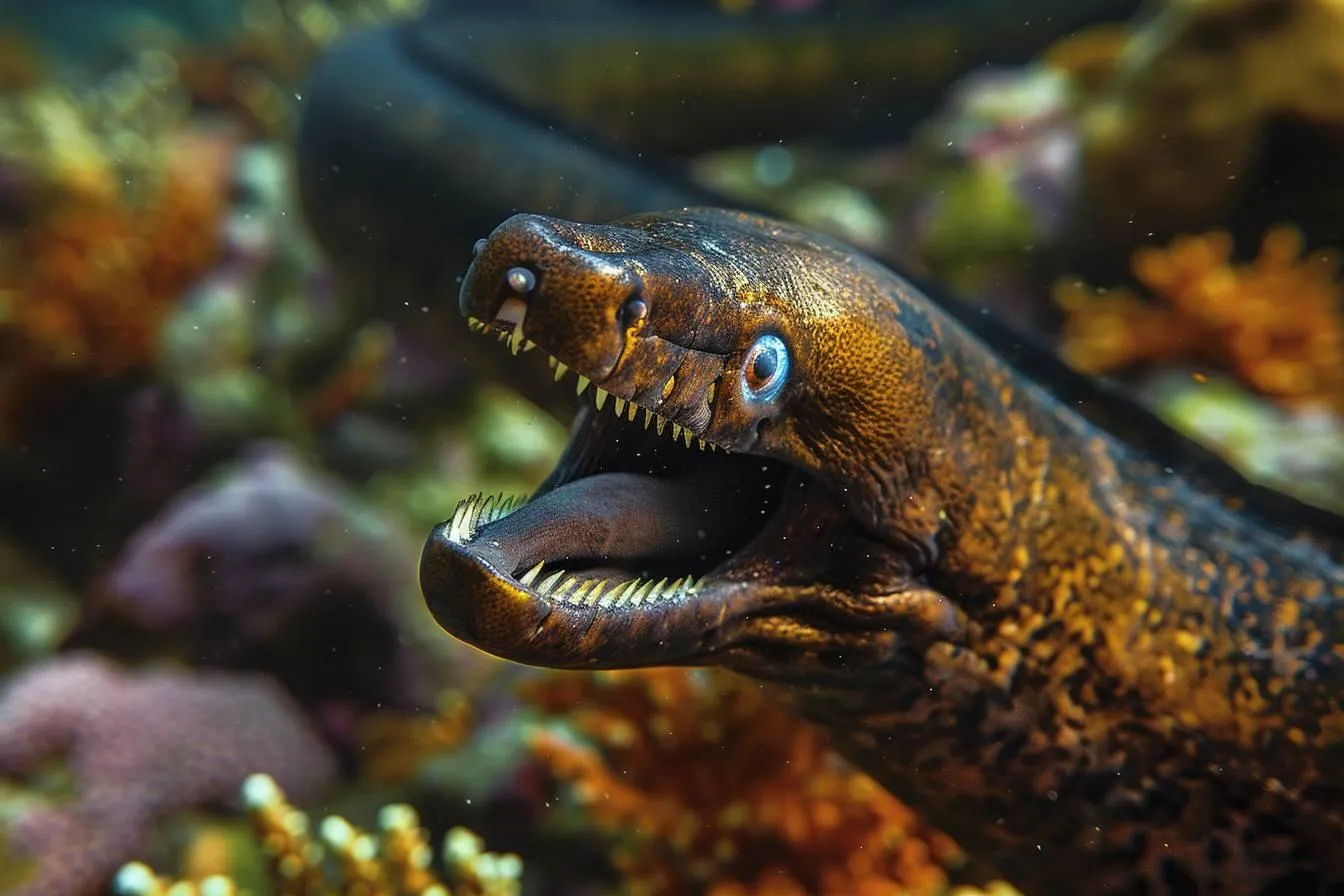 close-up of a moray eel with mouth open showing sharp teeth, swimming among coral underwater