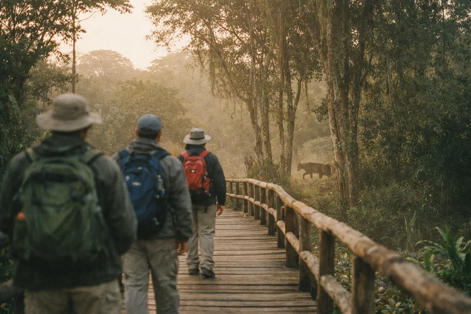 Hikers seen from behind on a Costa Rican boardwalk observe a distant wild animal at a safe distance.