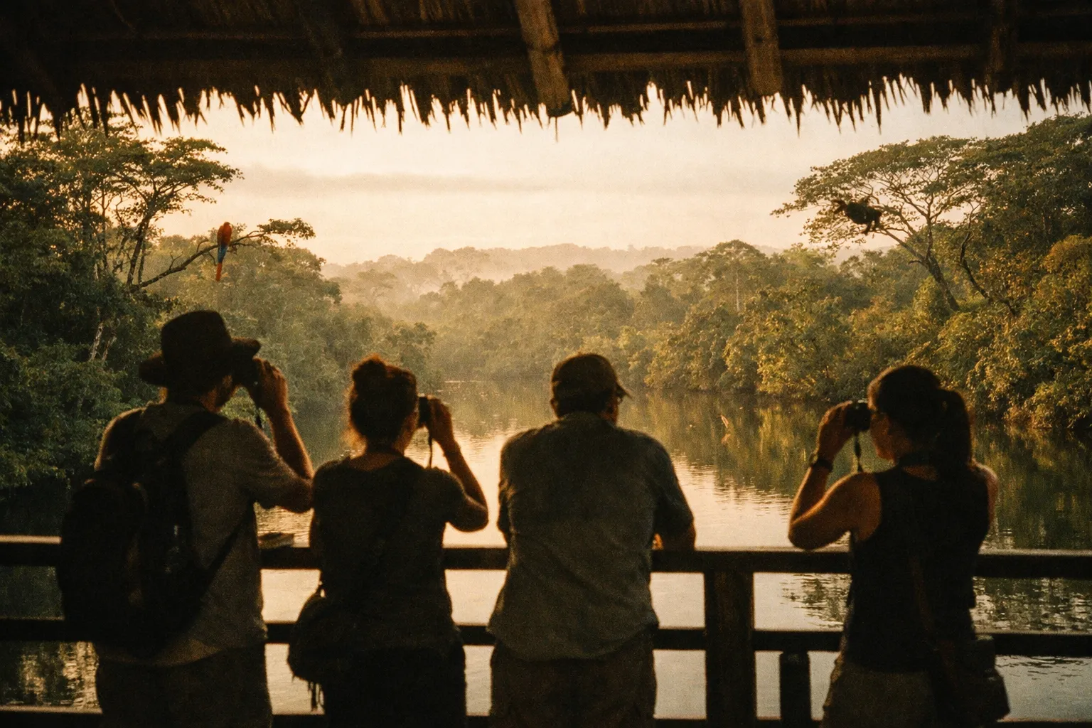 Travelers from behind on a rainforest viewing platform observe wildlife at a respectful distance.