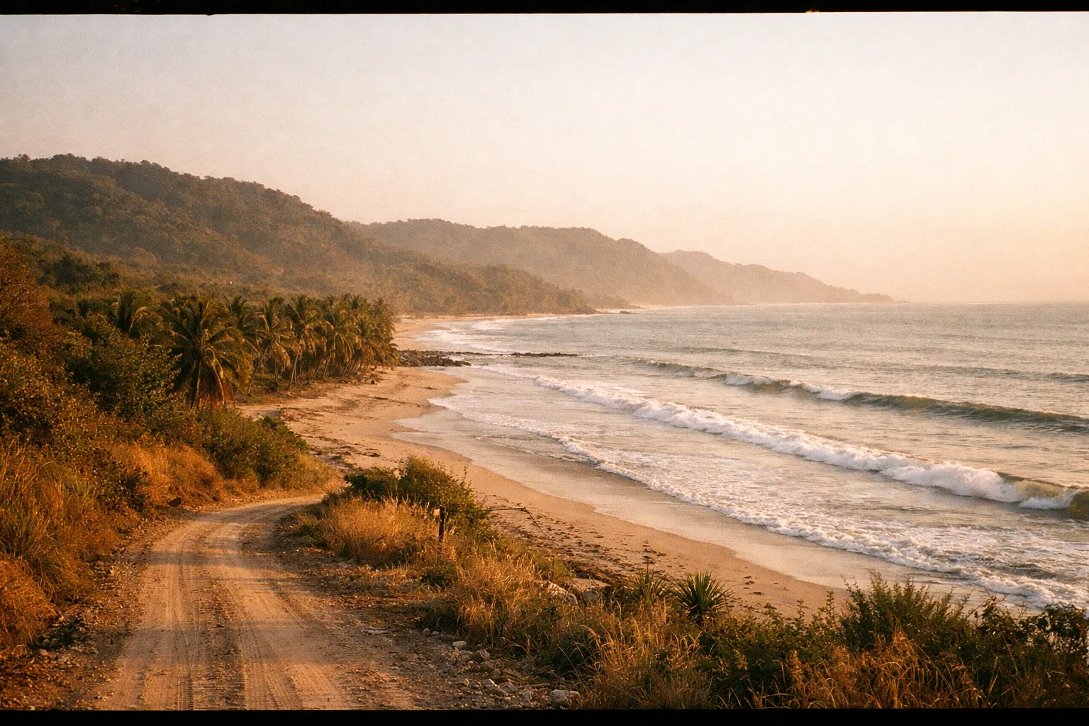 Santa Teresa coast at golden hour with dirt road leading to the beach
