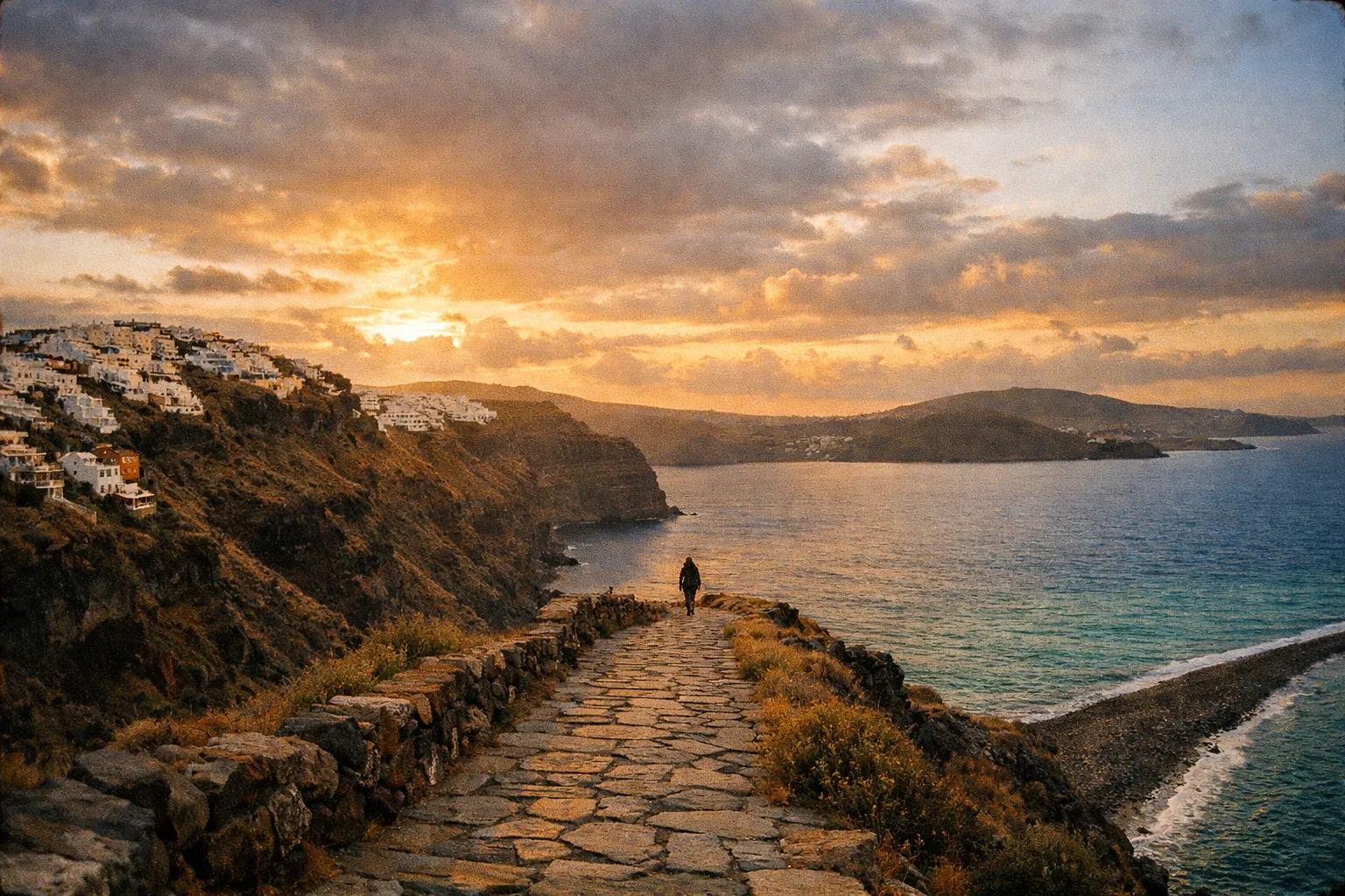 Two Santorini coasts at golden hour: dramatic caldera cliffs on one side and a calm eastern coastline on the other
