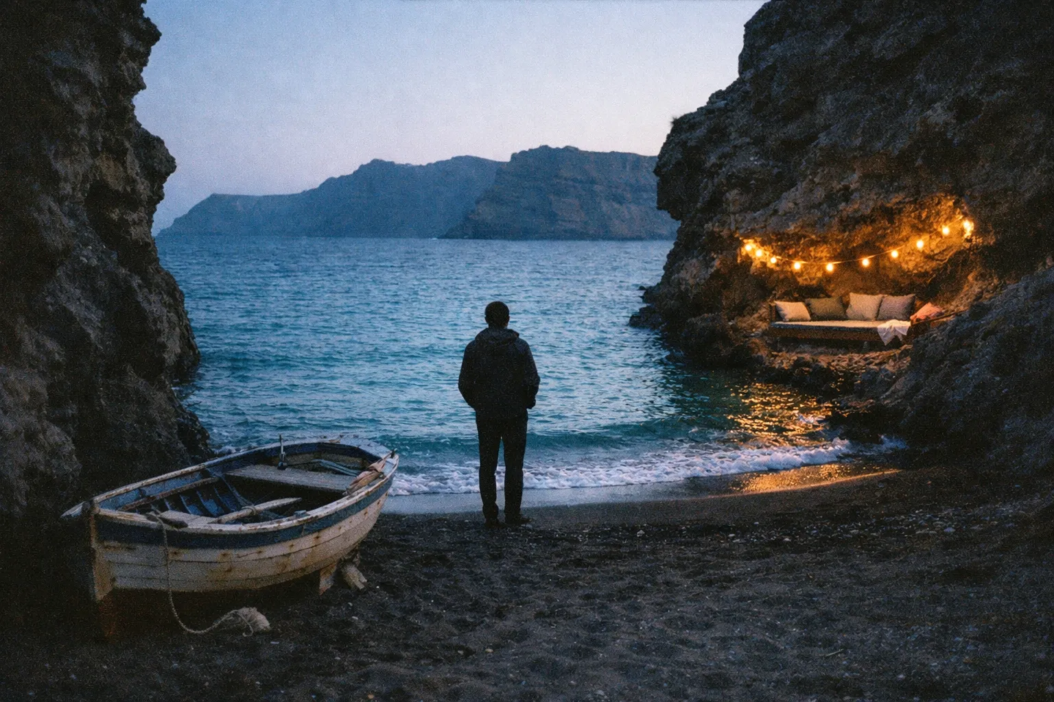 Secluded black-sand cove at blue hour with a lone figure and a small boat, hinting at unusual Santorini experiences