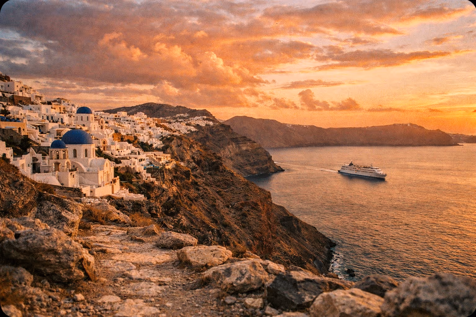 Hero shot of Santorini's caldera at sunset, dramatic cliffs, whitewashed houses, blue domes, and a distant ferry