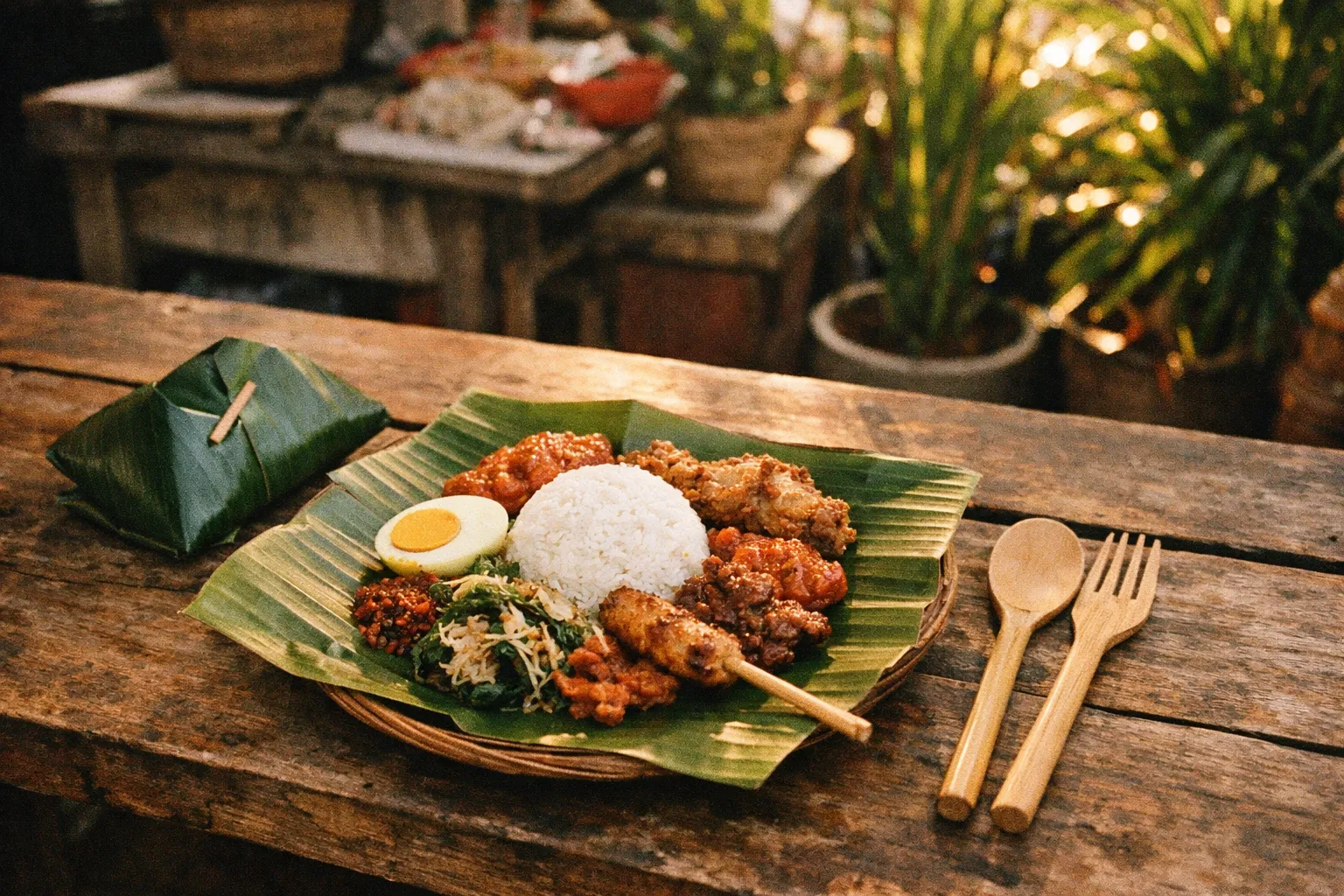 Banana-leaf plates of nasi campur on a wooden table at a Sanur warung, warm golden-hour light, no faces visible.
