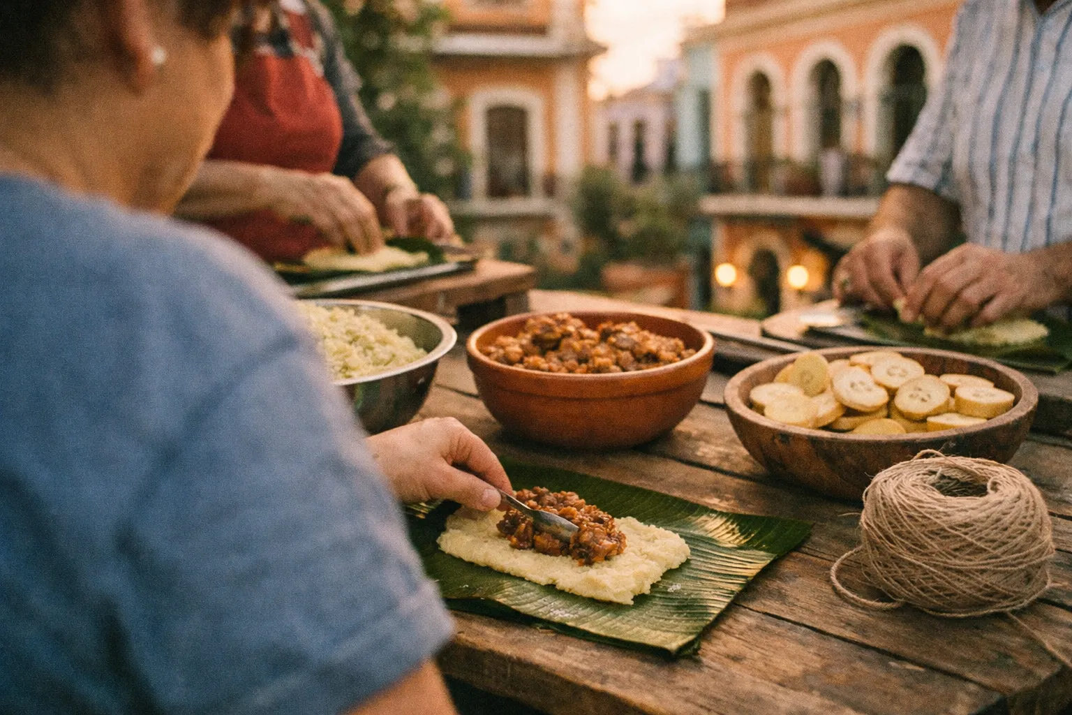 People preparing Puerto Rican pasteles on banana leaves at an outdoor table in a colorful plaza.