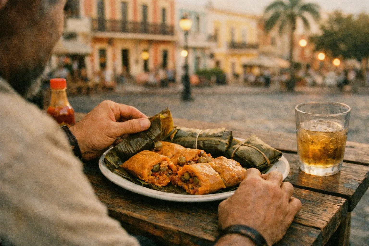 A person enjoys pasteles and a drink at an outdoor table in a cobblestone plaza with colorful buildings.