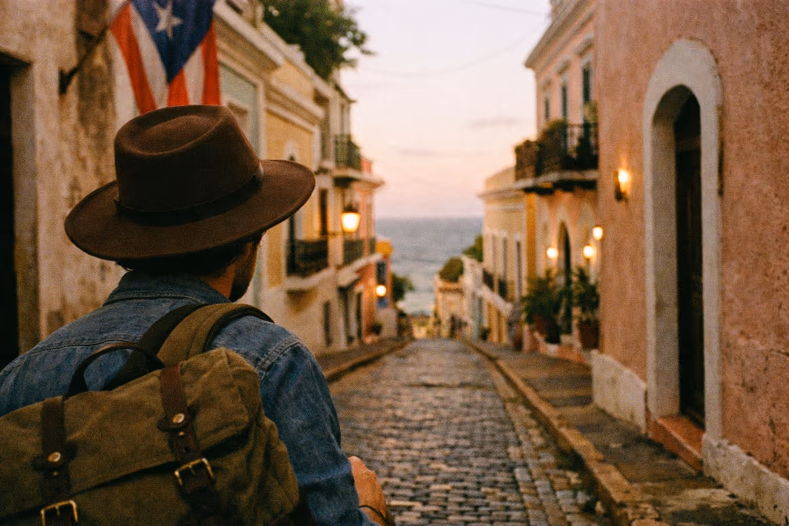 A person with a backpack walks down a cobblestone street in Old San Juan, Puerto Rico toward the ocean.