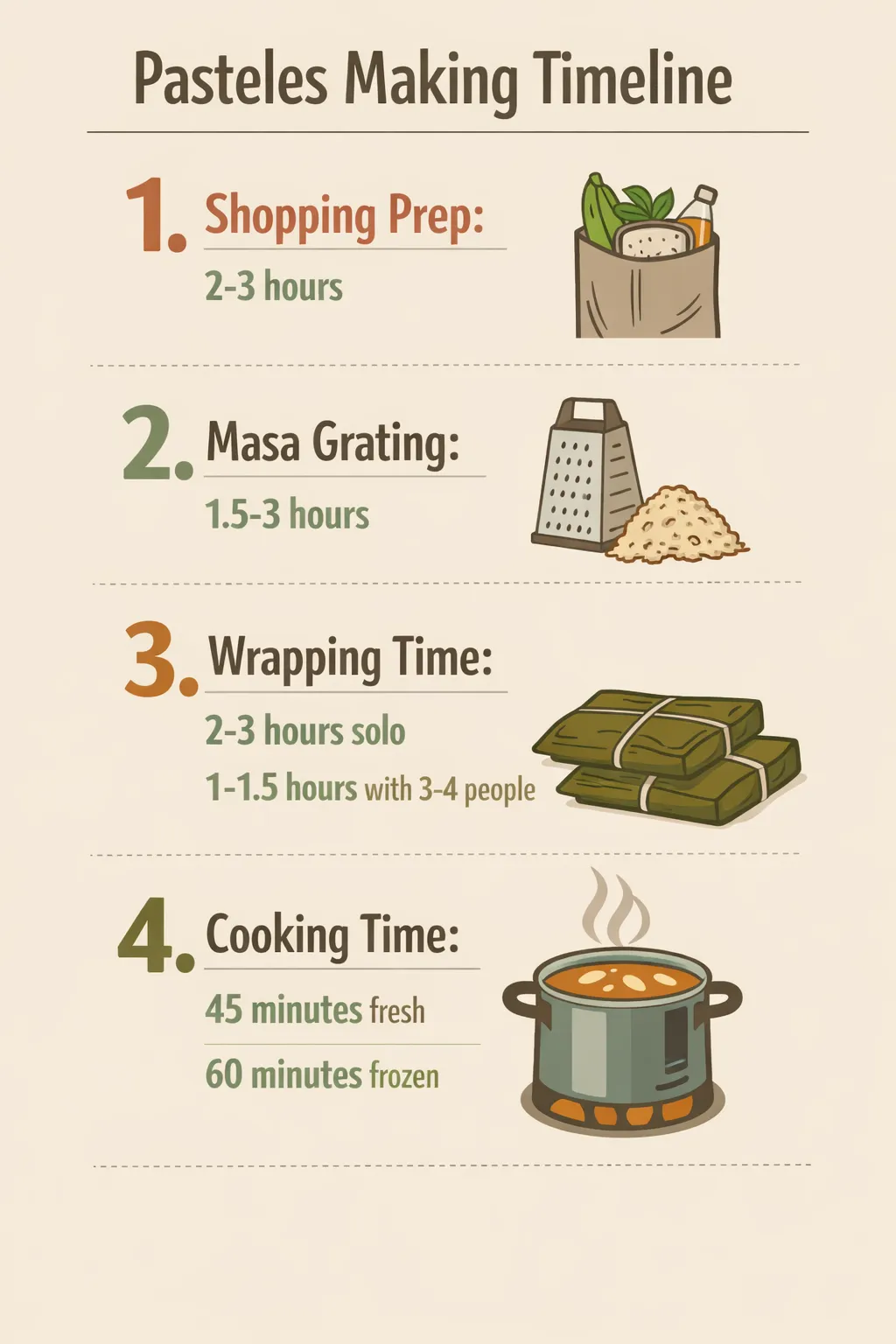 Infographic timeline of pastel making with four steps and durations: Shopping prep 2-3 hours; Masa grating 1.5-3 hours
