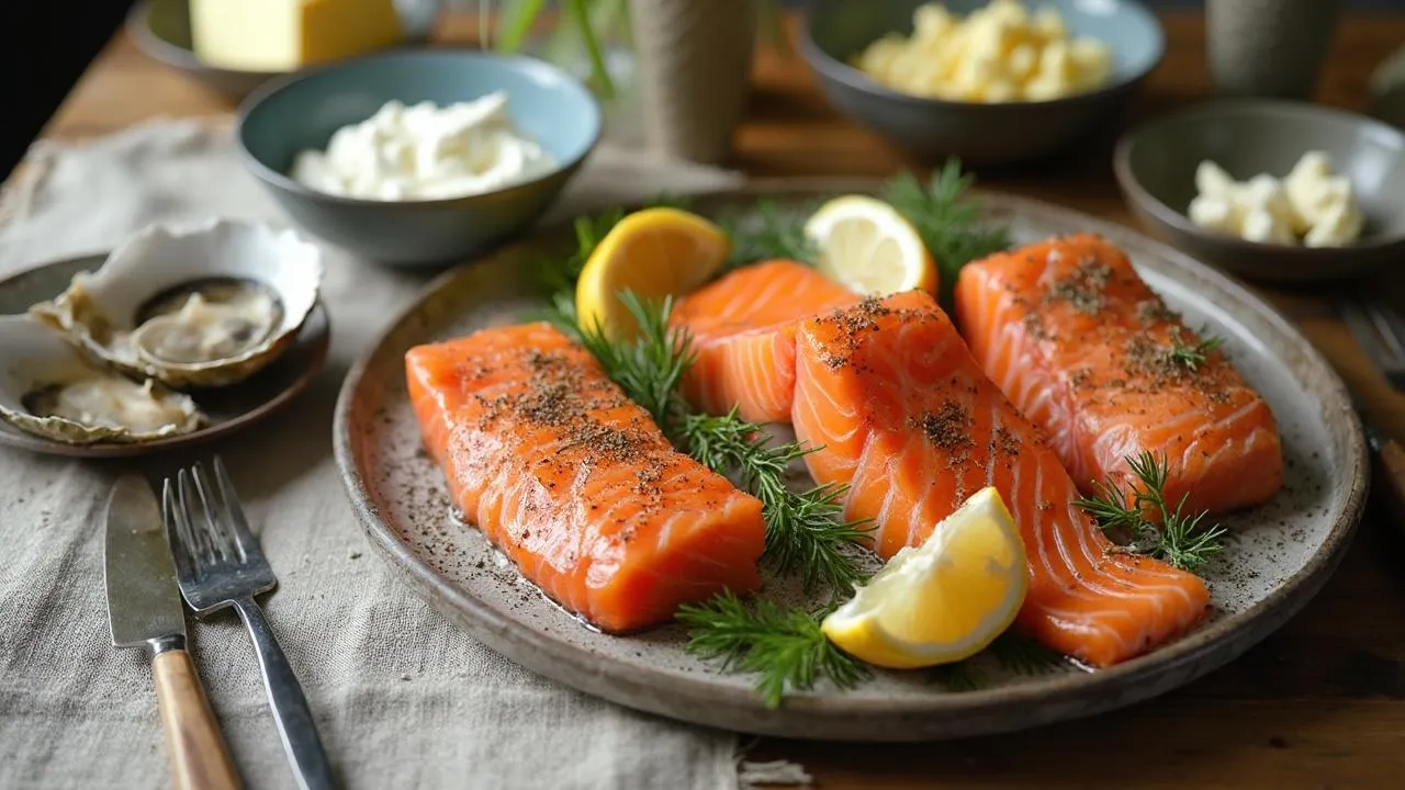 Slices of raw salmon garnished with dill and lemon on a plate, with oysters and side dishes nearby.