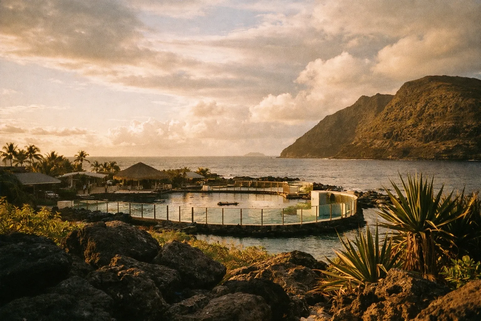 Coastal lagoon with palm trees, a thatched-roof structure, rocky shore, and a mountain by the sea at sunset