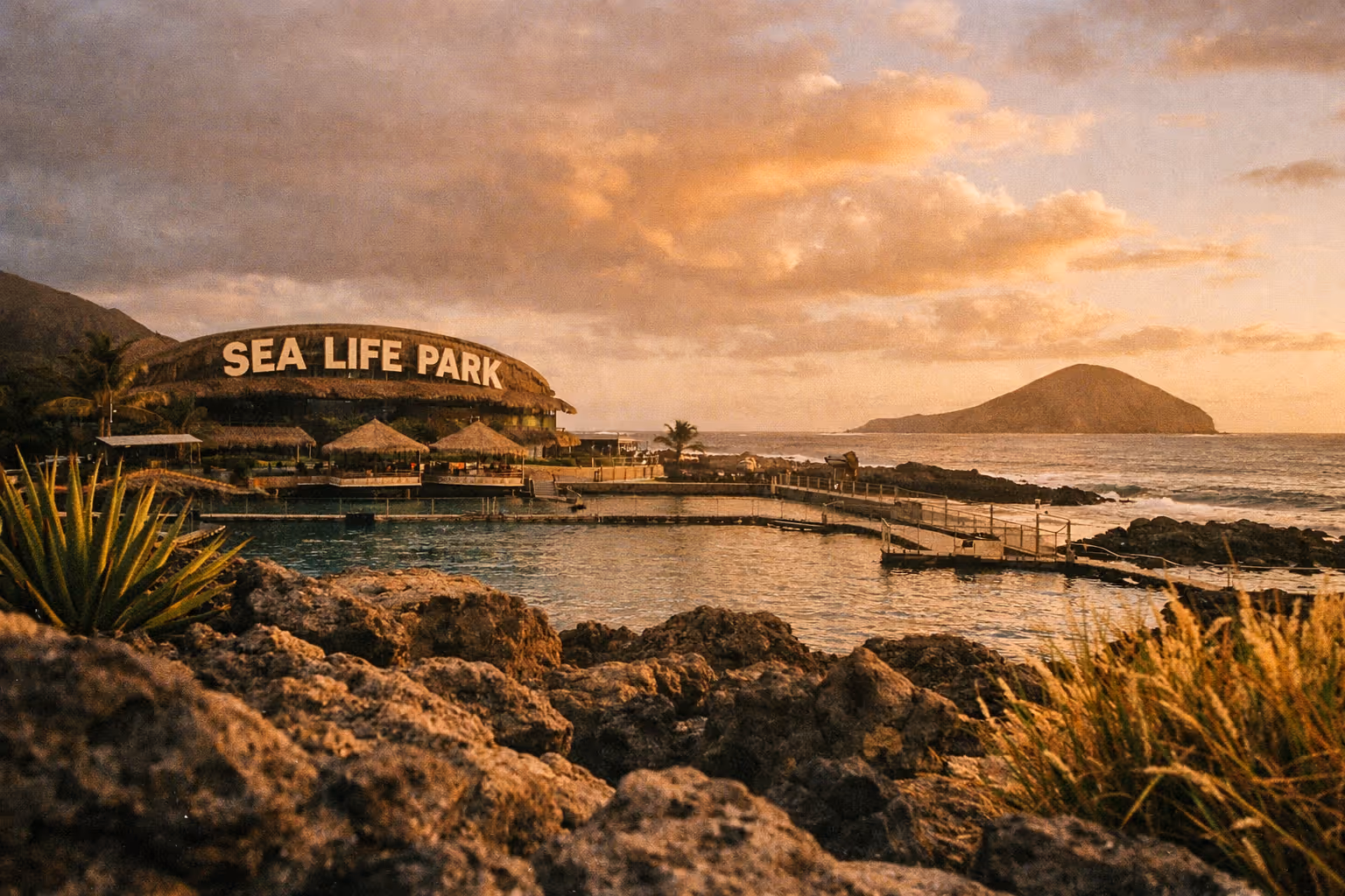 Sea life park building by the ocean with a dock, rocky shore, tropical plants, and island in the distance