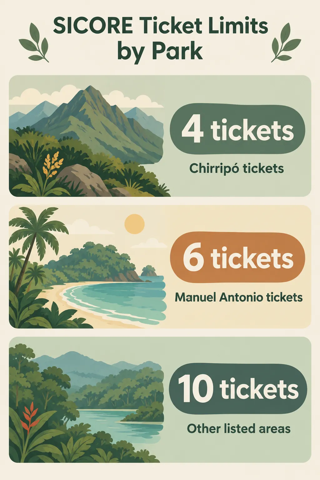 SICORE allows 4 tickets per transaction at Chirripó, 6 at Manuel Antonio, and 10 at other listed areas.