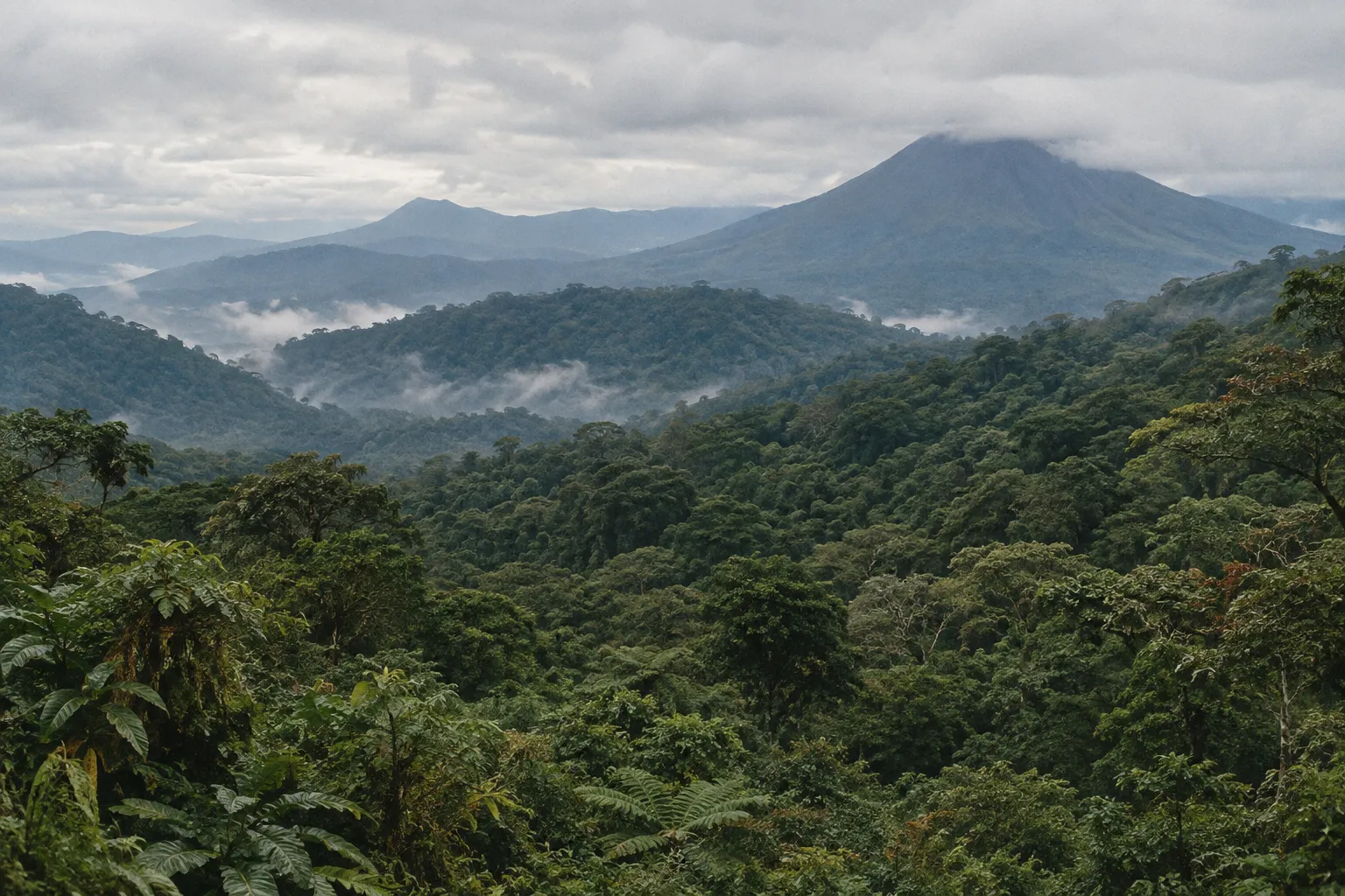 A cloud-covered volcano rises above misty tropical forest in Costa Rica.