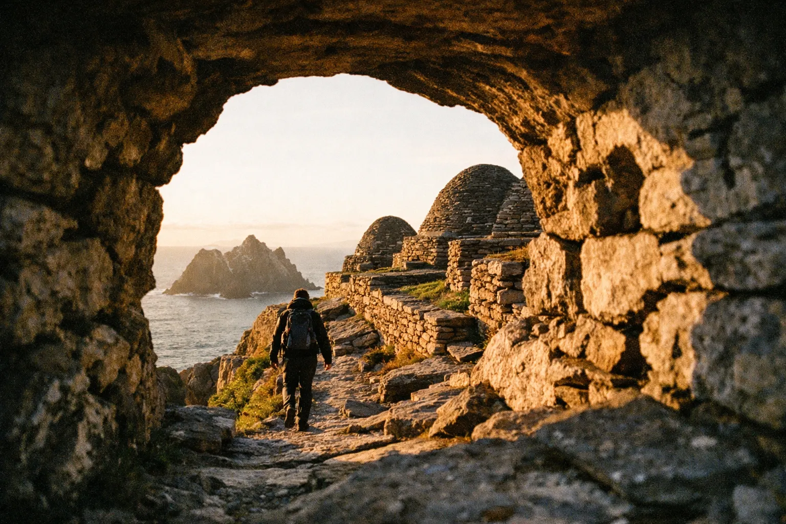 A person walks among the stone beehive huts of Skellig Michael overlooking the sea at sunset.