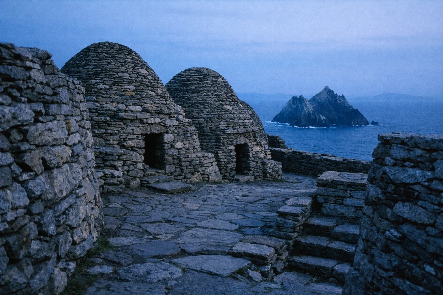 Stone beehive huts of Skellig Michael overlooking the sea with Little Skellig island in the distance.