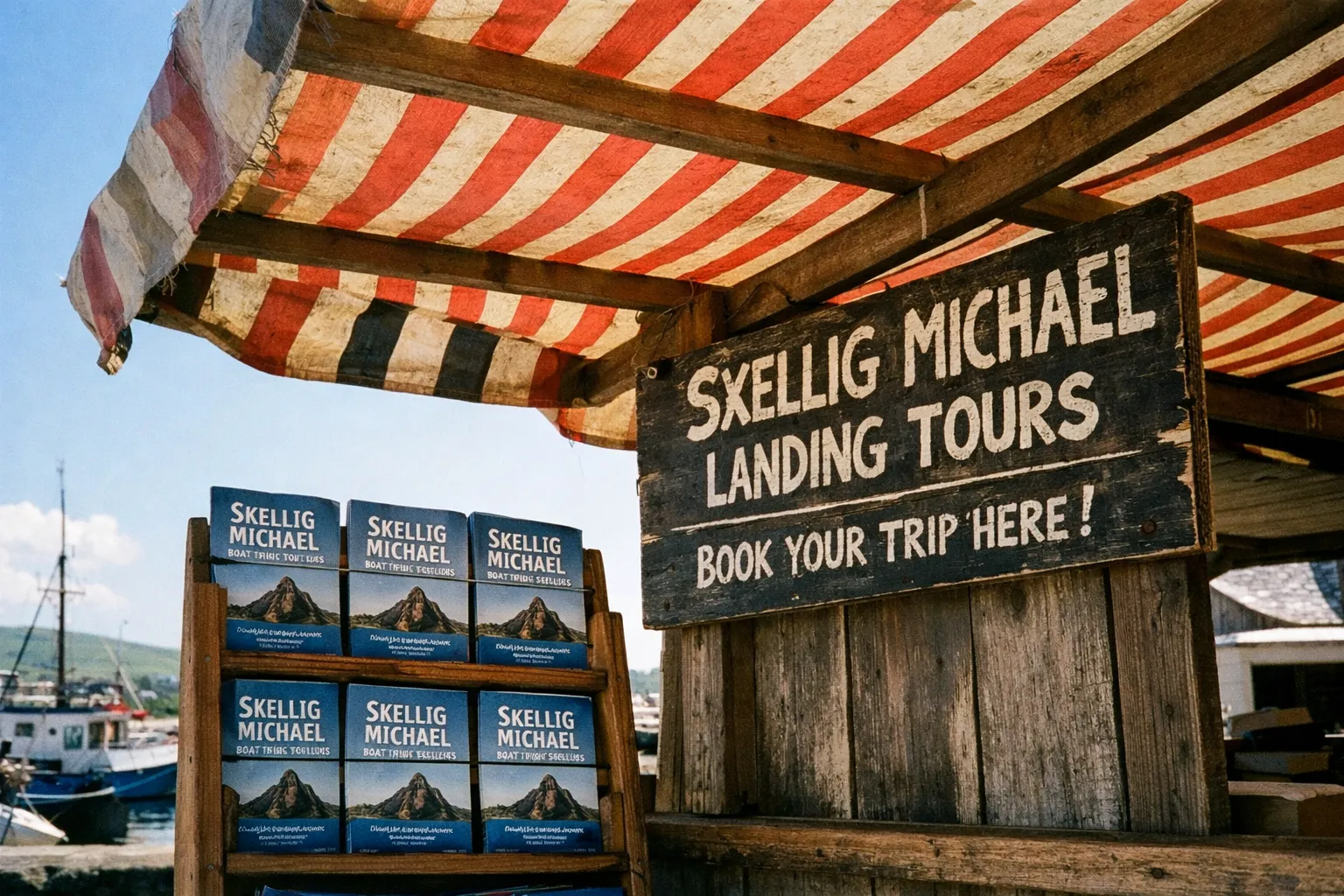 A wooden booth offering Skellig Michael landing tours stands under a striped canopy at a harbor.
