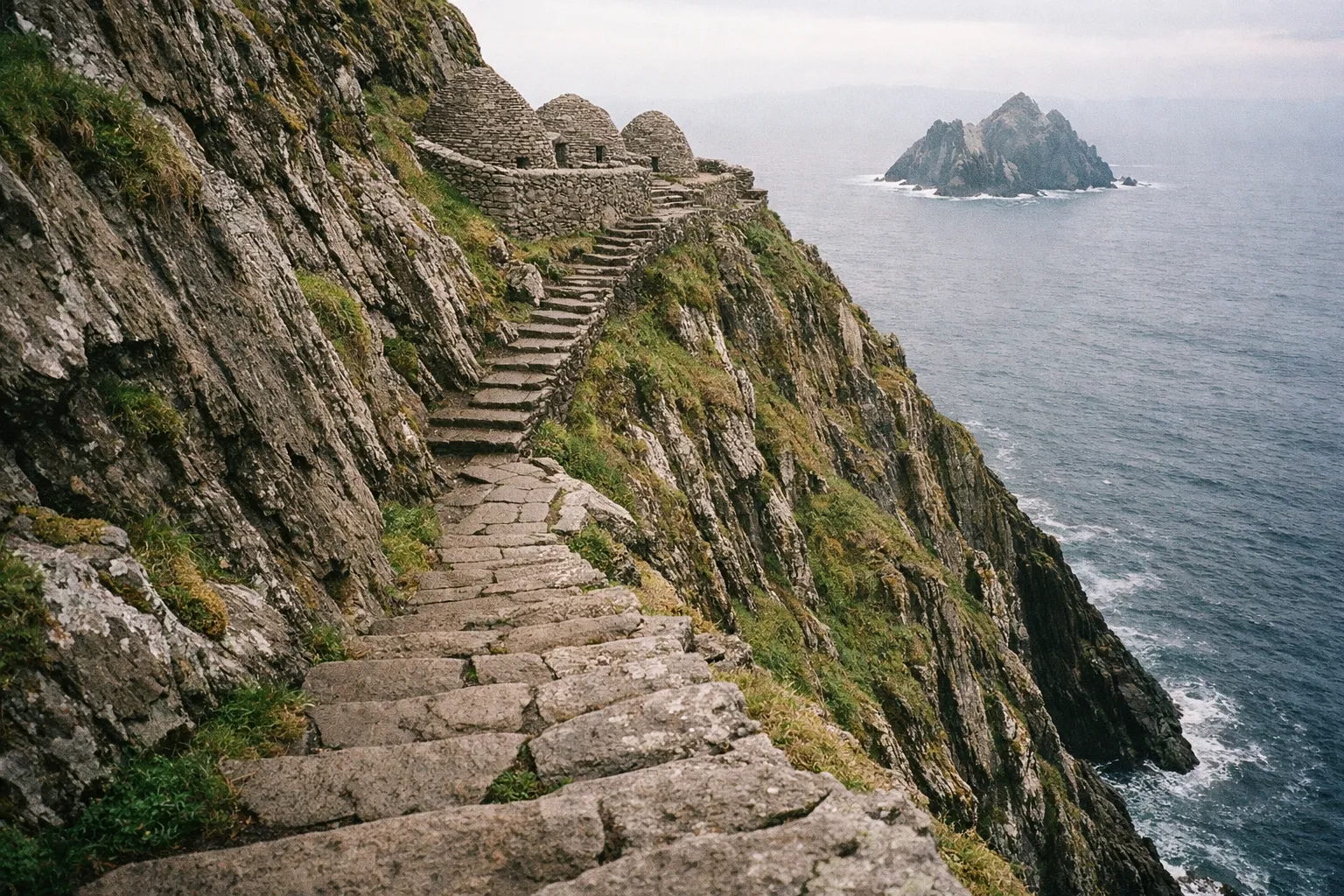 Stone steps lead to ancient beehive huts on a steep cliff of Skellig Michael, overlooking the Atlantic Ocean.