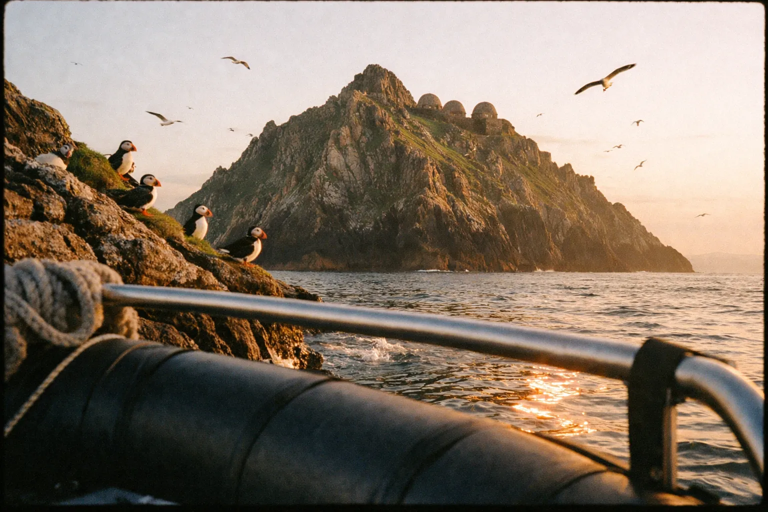 Puffins perch on rocks near a boat with Skellig Michael island and its stone huts in the background.