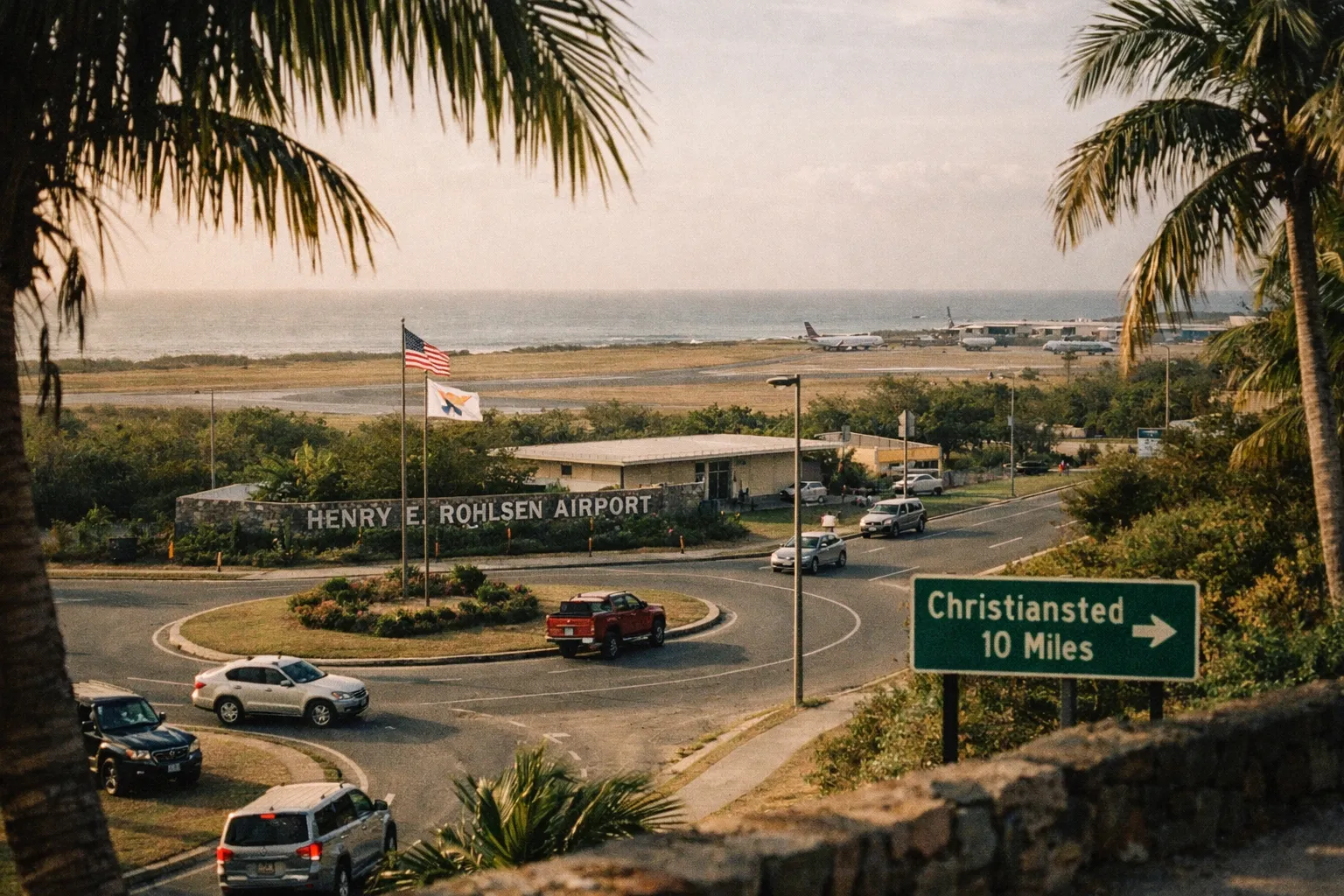 Cars drive around the entrance to Henry E. Rohlsen Airport on St. Croix with the runway and ocean in the background.