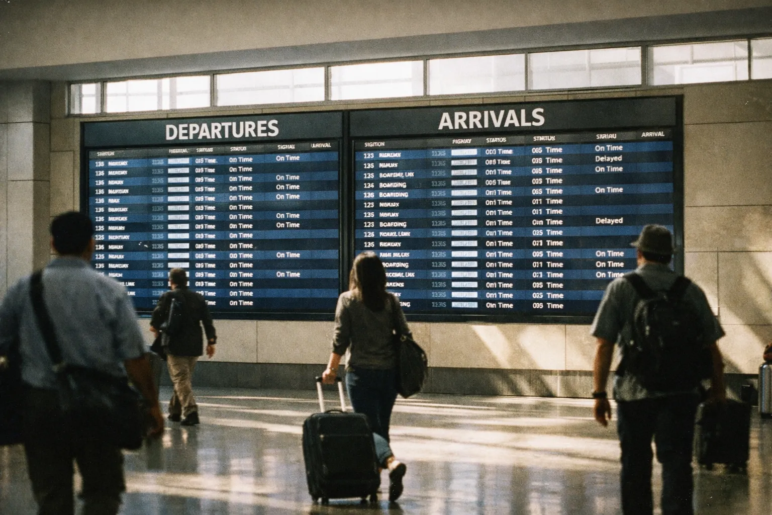 Travelers with luggage walk past a large departures and arrivals board in an airport terminal.
