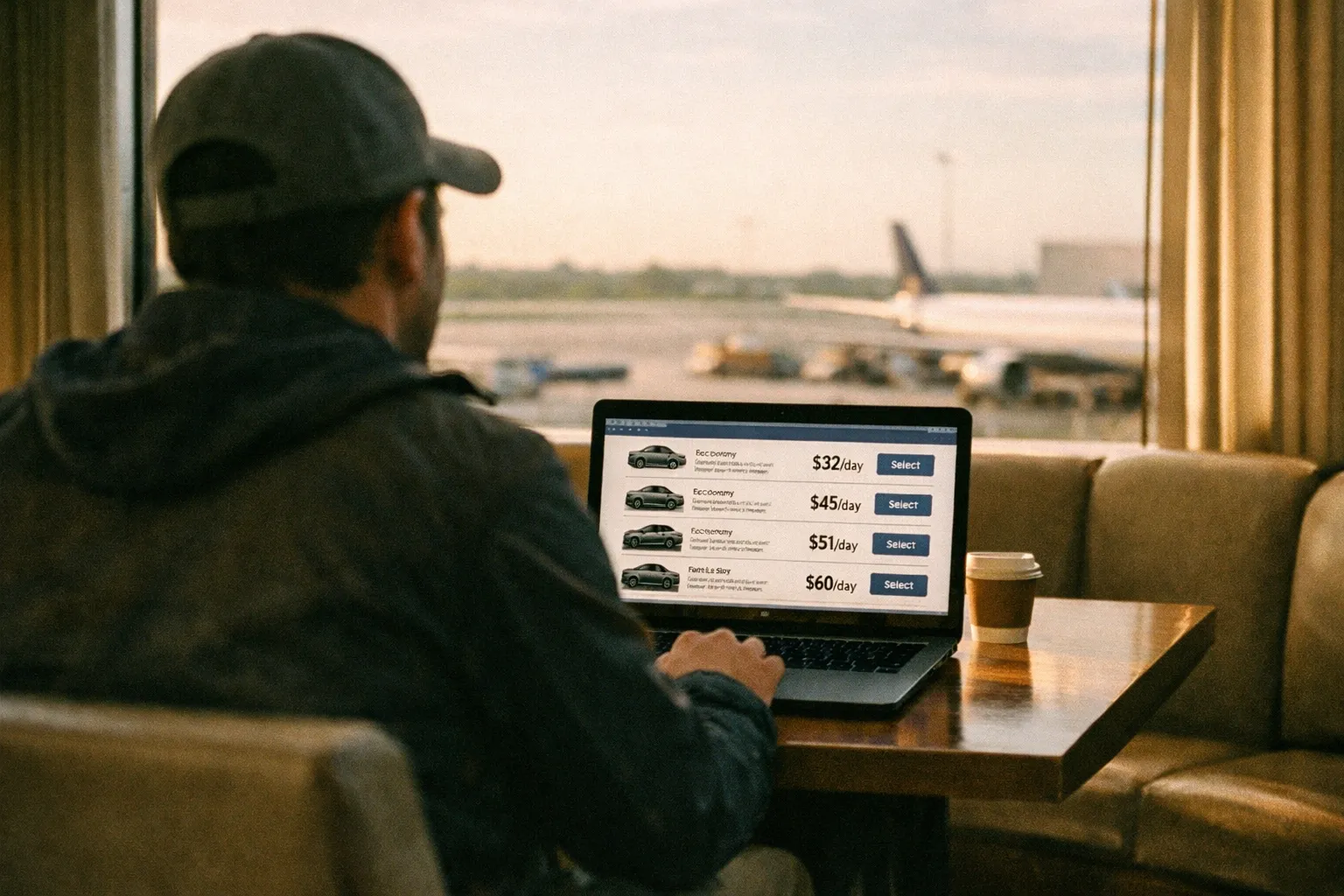 A man uses a laptop to browse rental cars in an airport lounge with a plane visible outside the window.