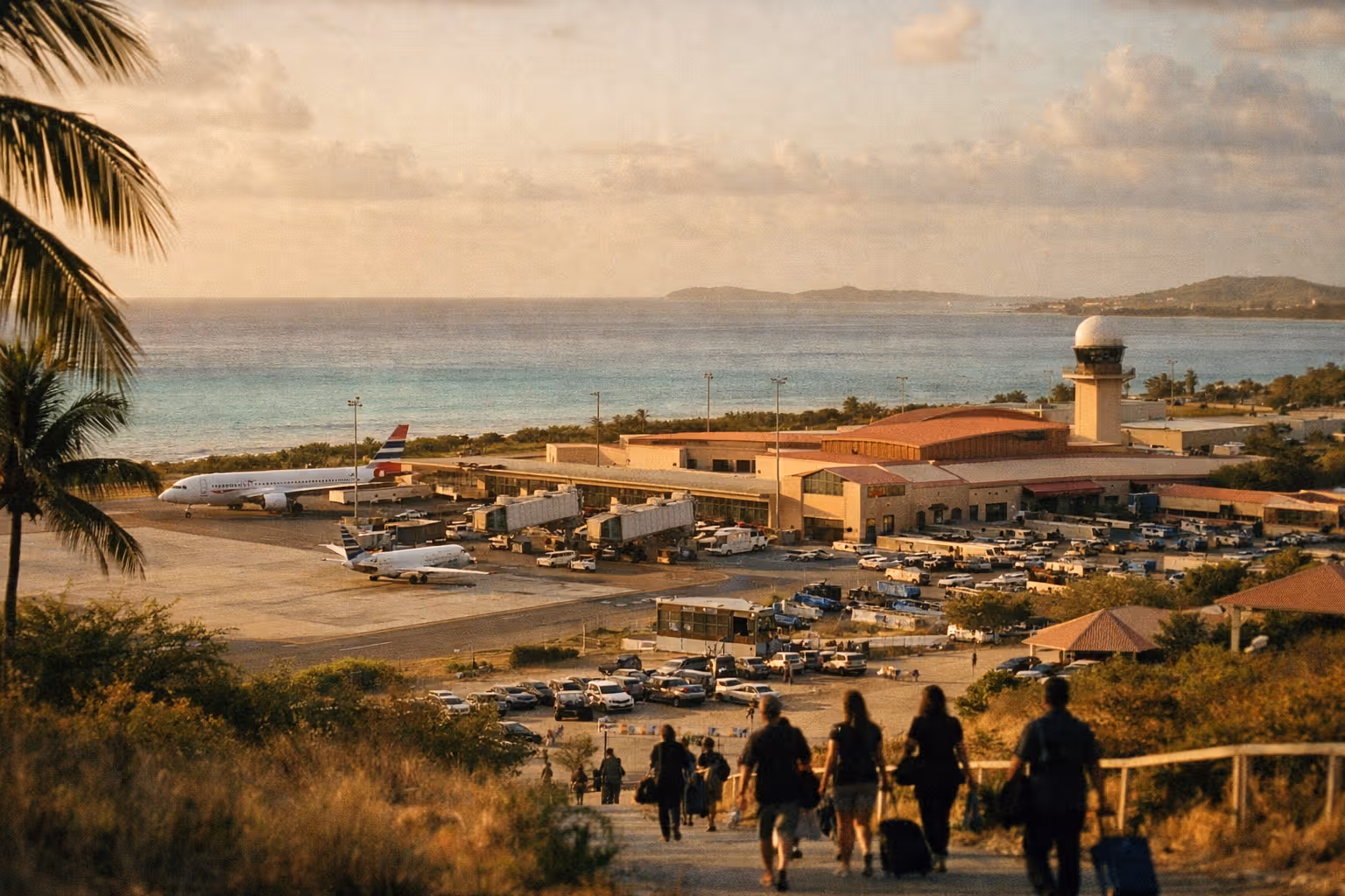 Travelers walk toward Henry E Rohlsen Airport on St. Croix with the terminal and ocean in the background.