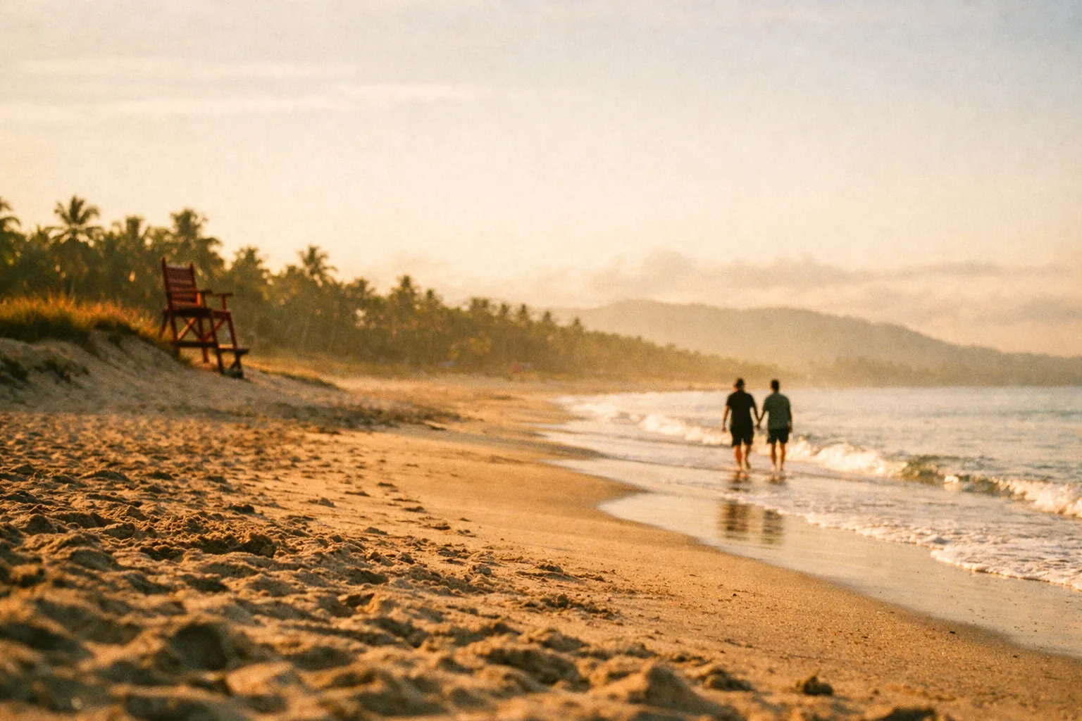 Calm Costa Rica beach at golden hour with distant lifeguard chair and silhouettes strolling along the shore