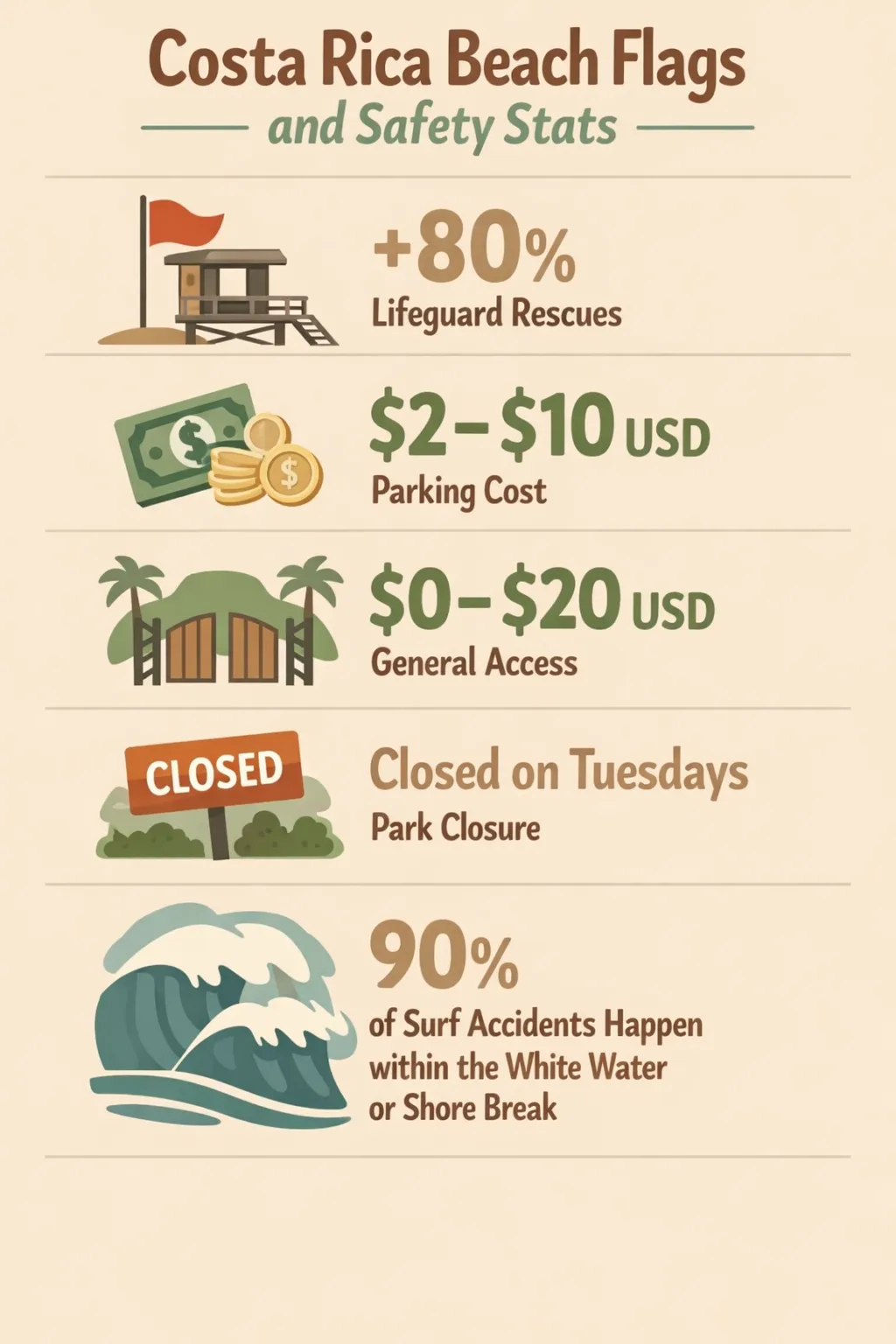 Infographic shows Costa Rica beach flags and safety statistics: 80% lifeguard rescues due to rip currents; parking costs and