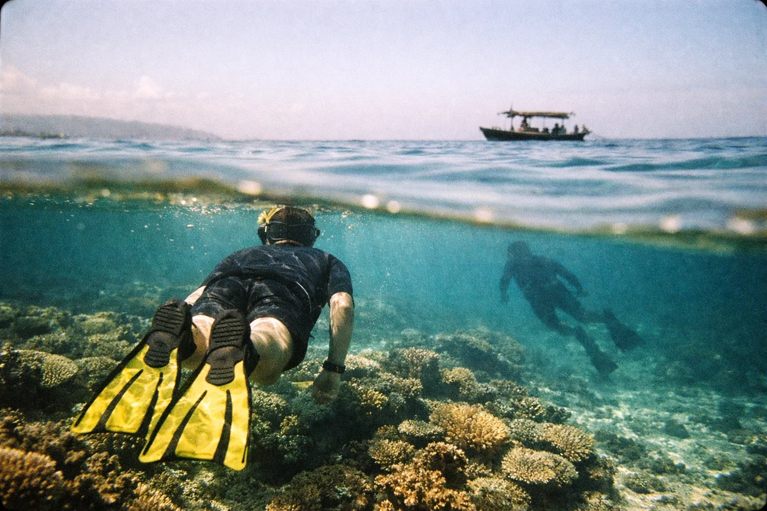 Snorkeler viewed from behind exploring a coral reef in Bali, calm turquoise water