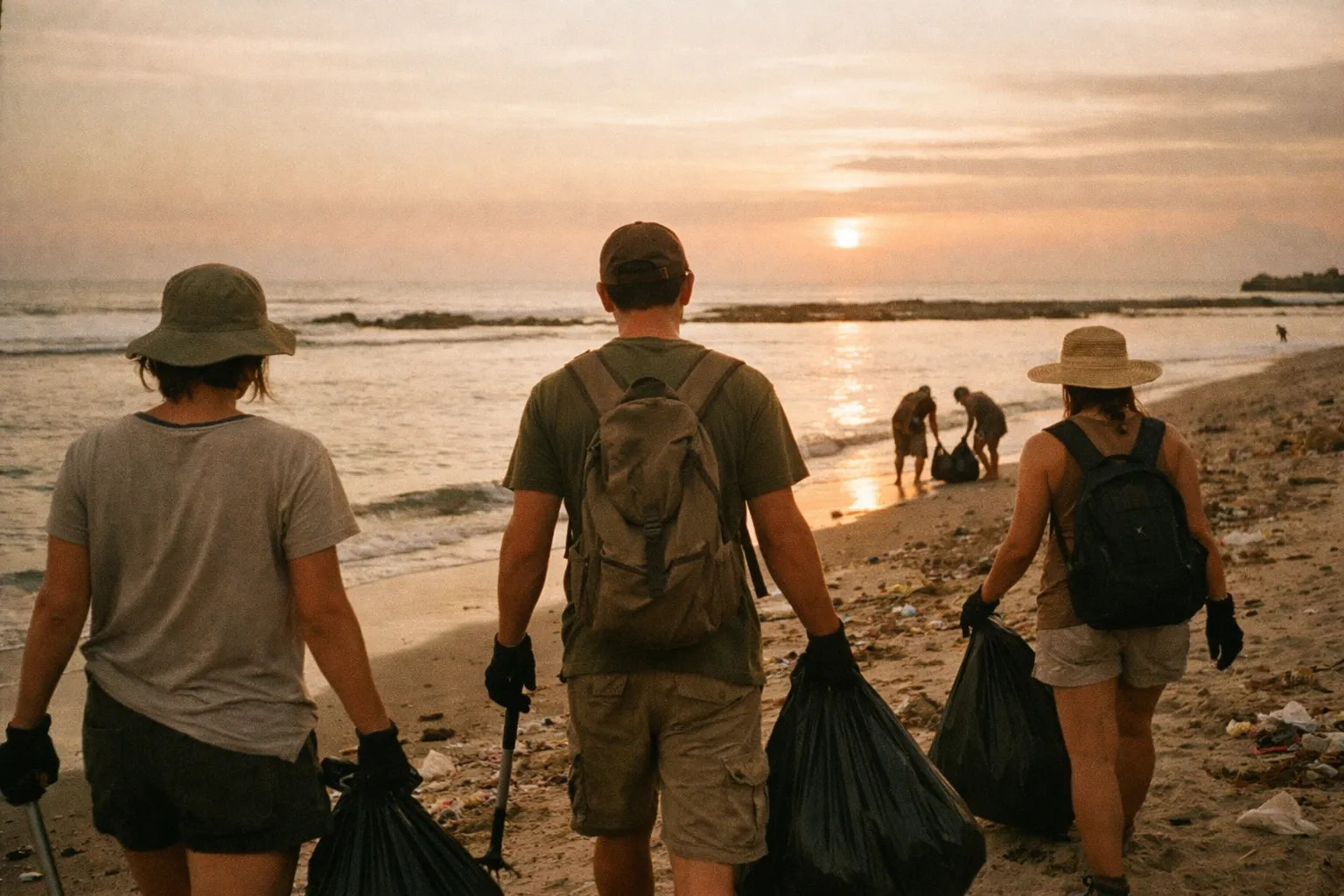 Volunteers cleaning a Bali beach at sunset, collecting litter along the shoreline