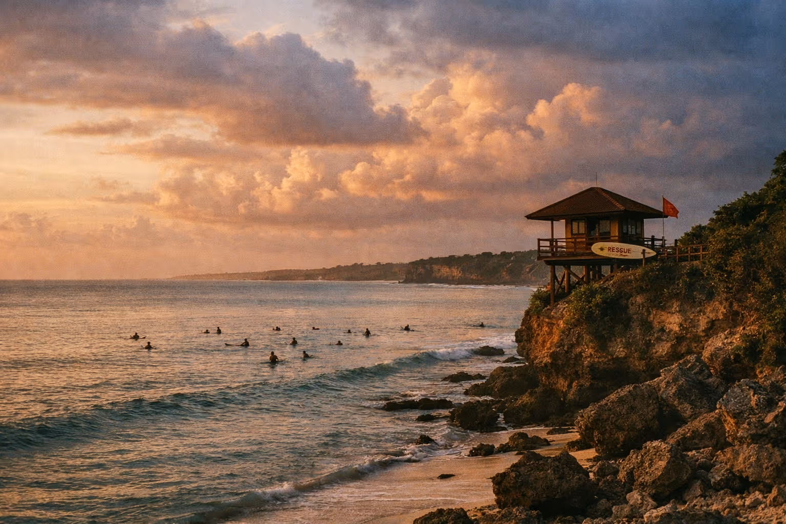 Wide Bali coastline at golden hour emphasizing water safety and calm seas