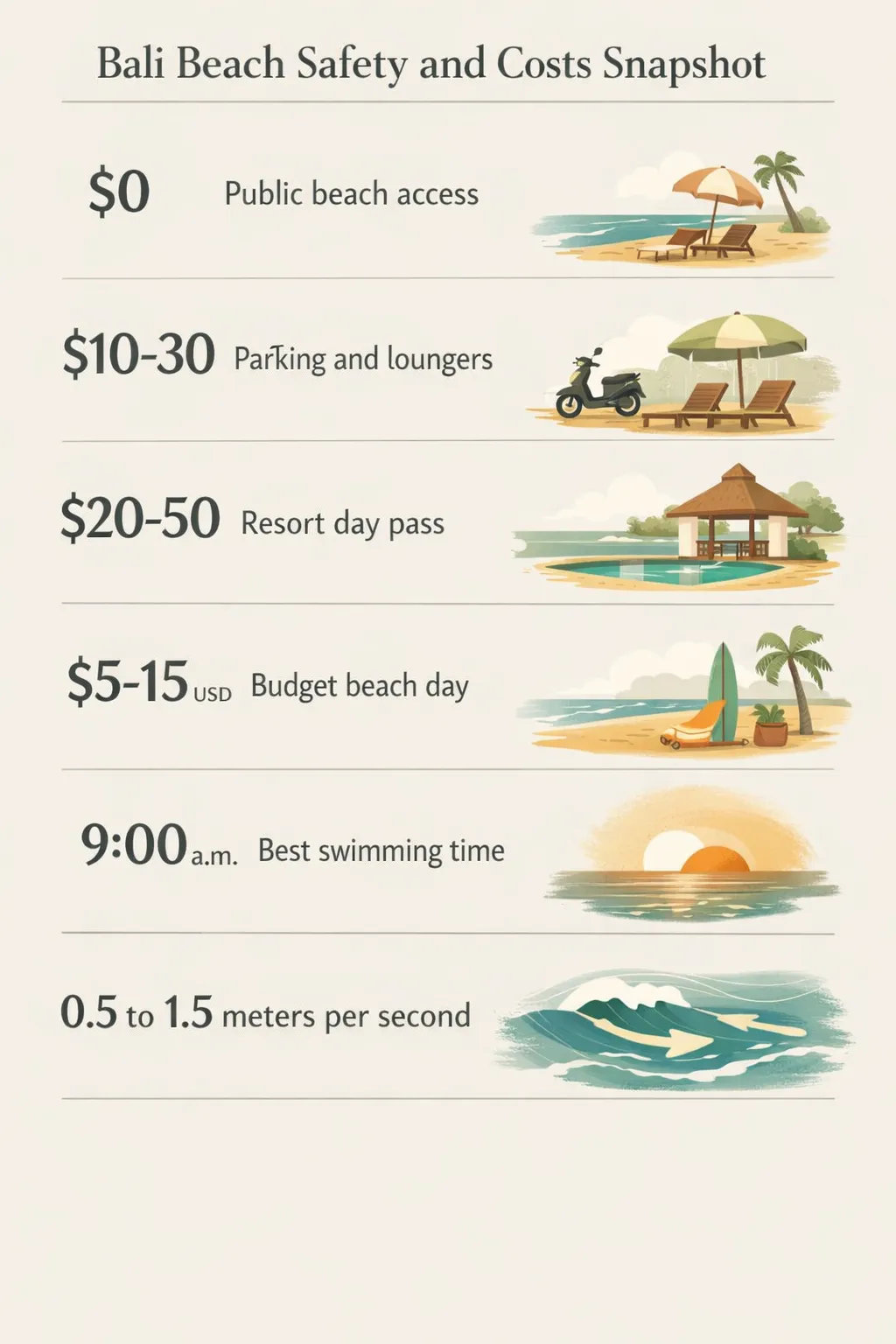 Bali beach data: public access $0; parking $10-30 USD; resort day pass $20-50 USD; budget beach day $5-15 USD; best swimming