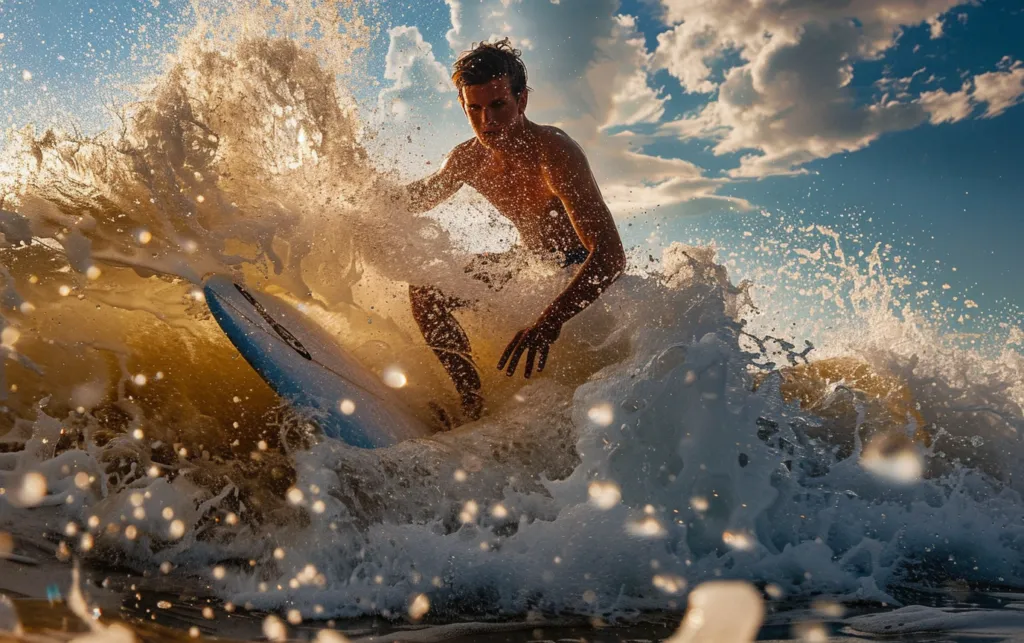 A surfer rides a wave close to shore under a partly cloudy sky.