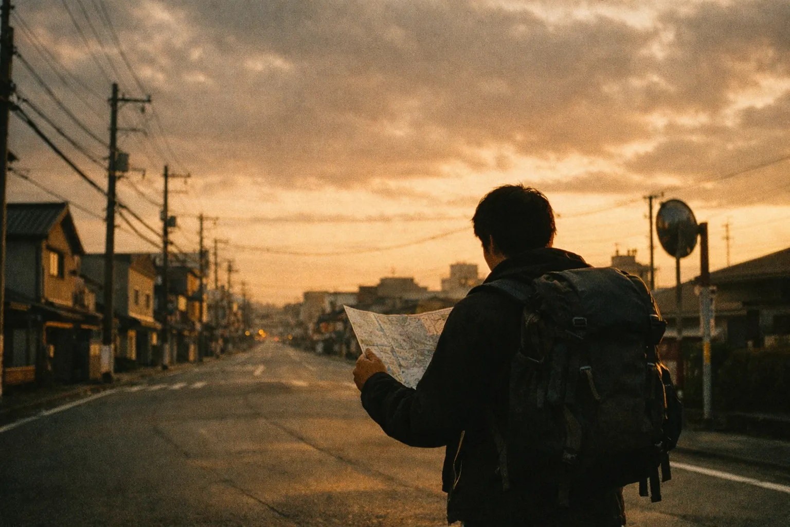 Traveler silhouette with backpack seen from behind on a quiet Japanese street at golden hour, studying a map