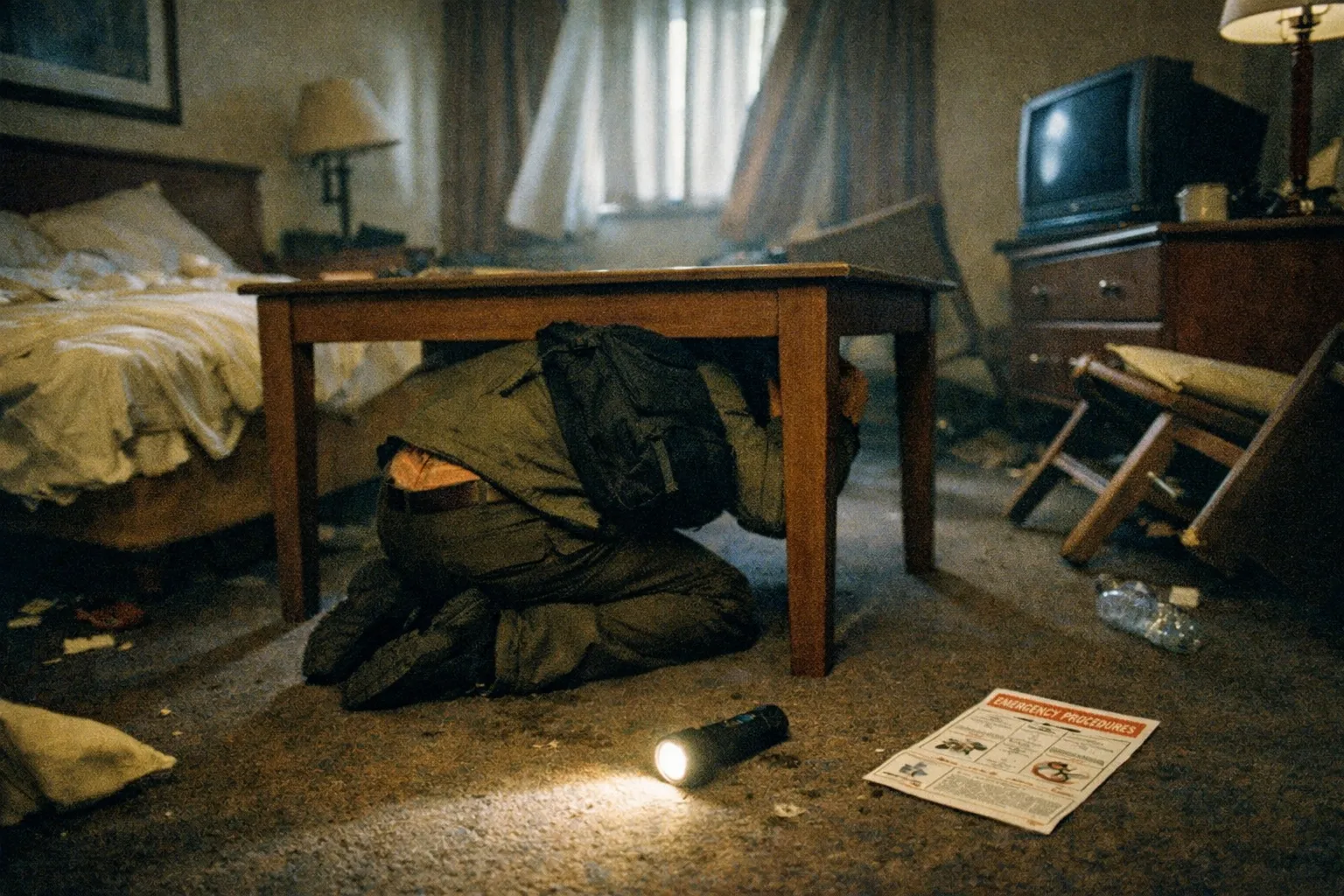 Traveler seen from behind taking cover under a sturdy table in a shaken hotel room