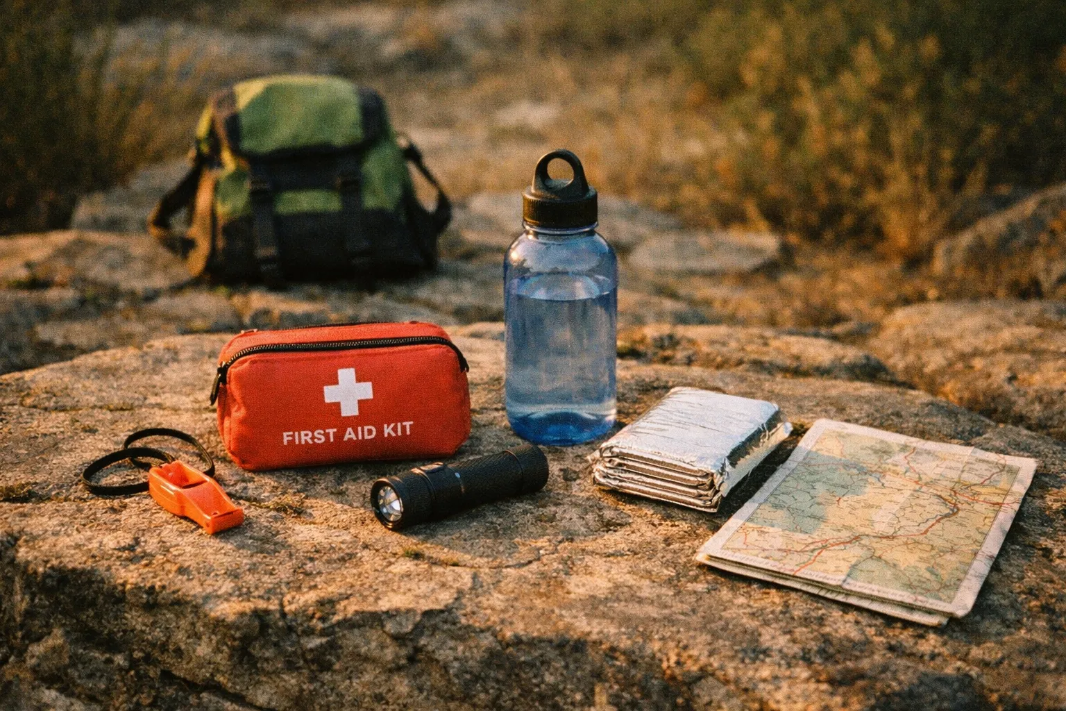 Emergency kit laid out on a rock in an outdoor setting: whistle, compact first aid kit, flashlight, water bottle, thermal blanket