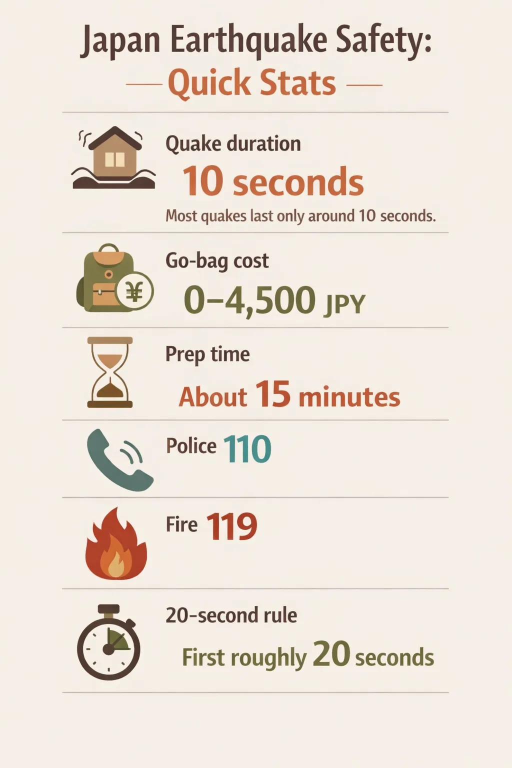 Infographic showing quake duration, go-bag cost, prep time, and emergency numbers 110 and 119 in a single column