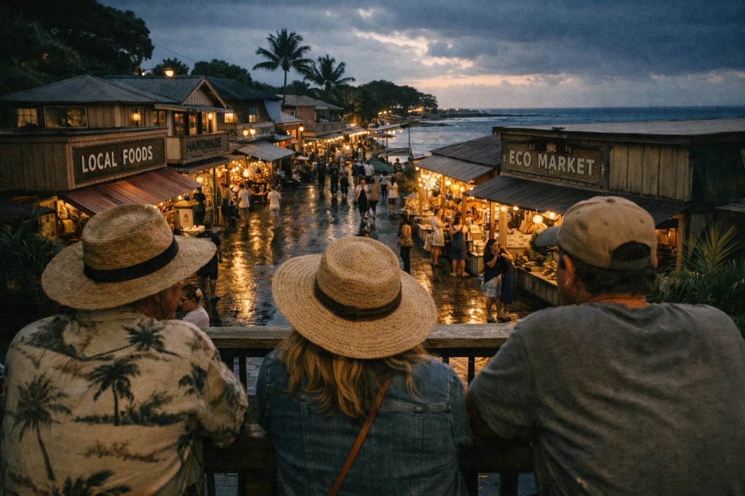 Three people overlook a bustling eco market street on the Hawaiian coast at sunset.