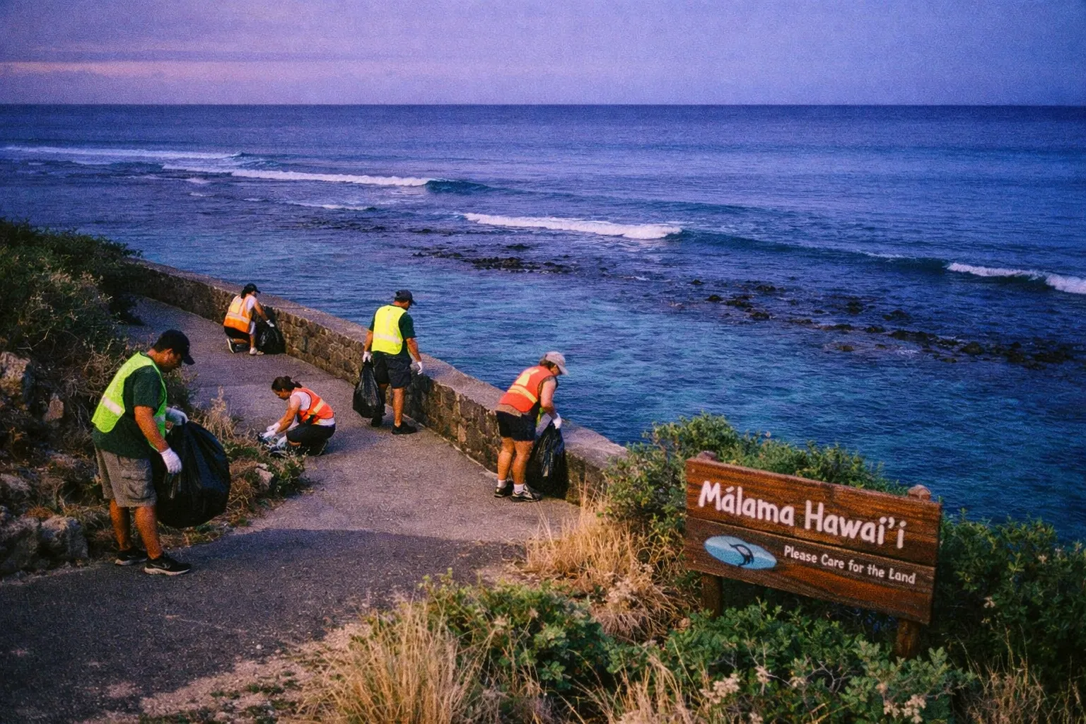 Volunteers wearing safety vests pick up trash along a coastal path next to a Mālama Hawai'i sign by the ocean.