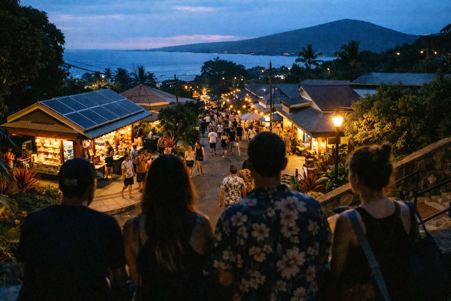 People stroll through a lively open-air market at dusk with ocean and mountains in the background in Hawaii.