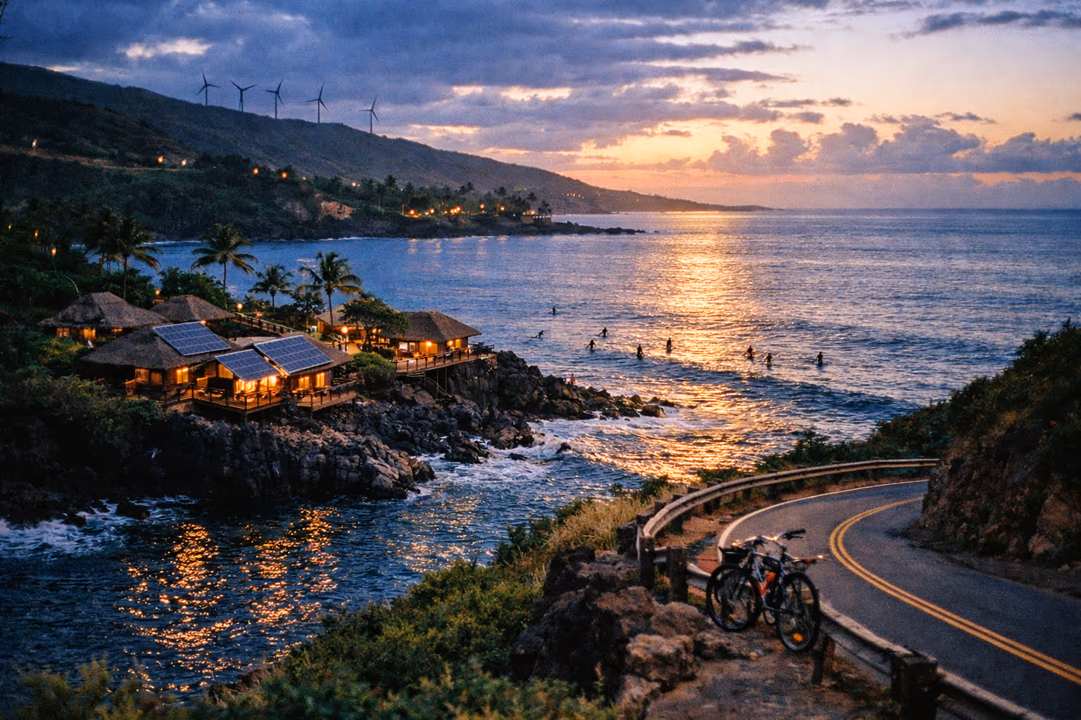 Eco-friendly cottages with solar panels overlook the ocean at sunset, with wind turbines visible on a Hawaiian coastline.