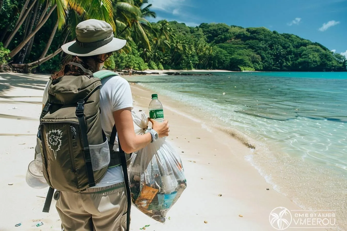 person with a backpack picking up trash on a tropical beach with palm trees and clear water