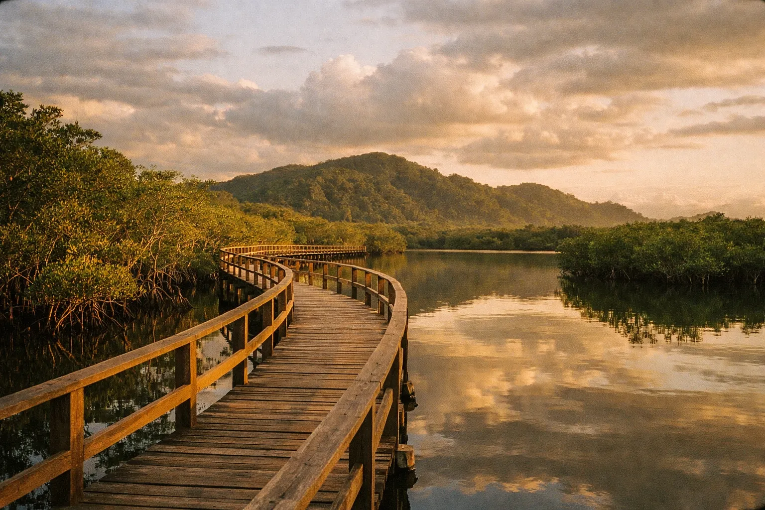 Boardwalk winding through a Costa Rican mangrove estuary at golden hour