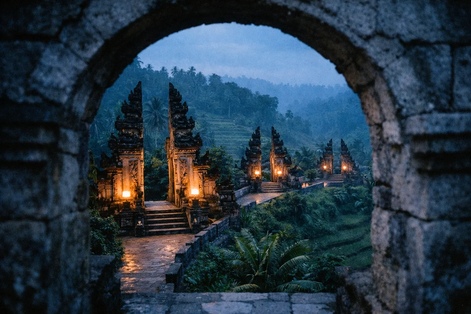 Stone temple gates illuminated at dusk overlook lush terraces and palm trees in Bali.